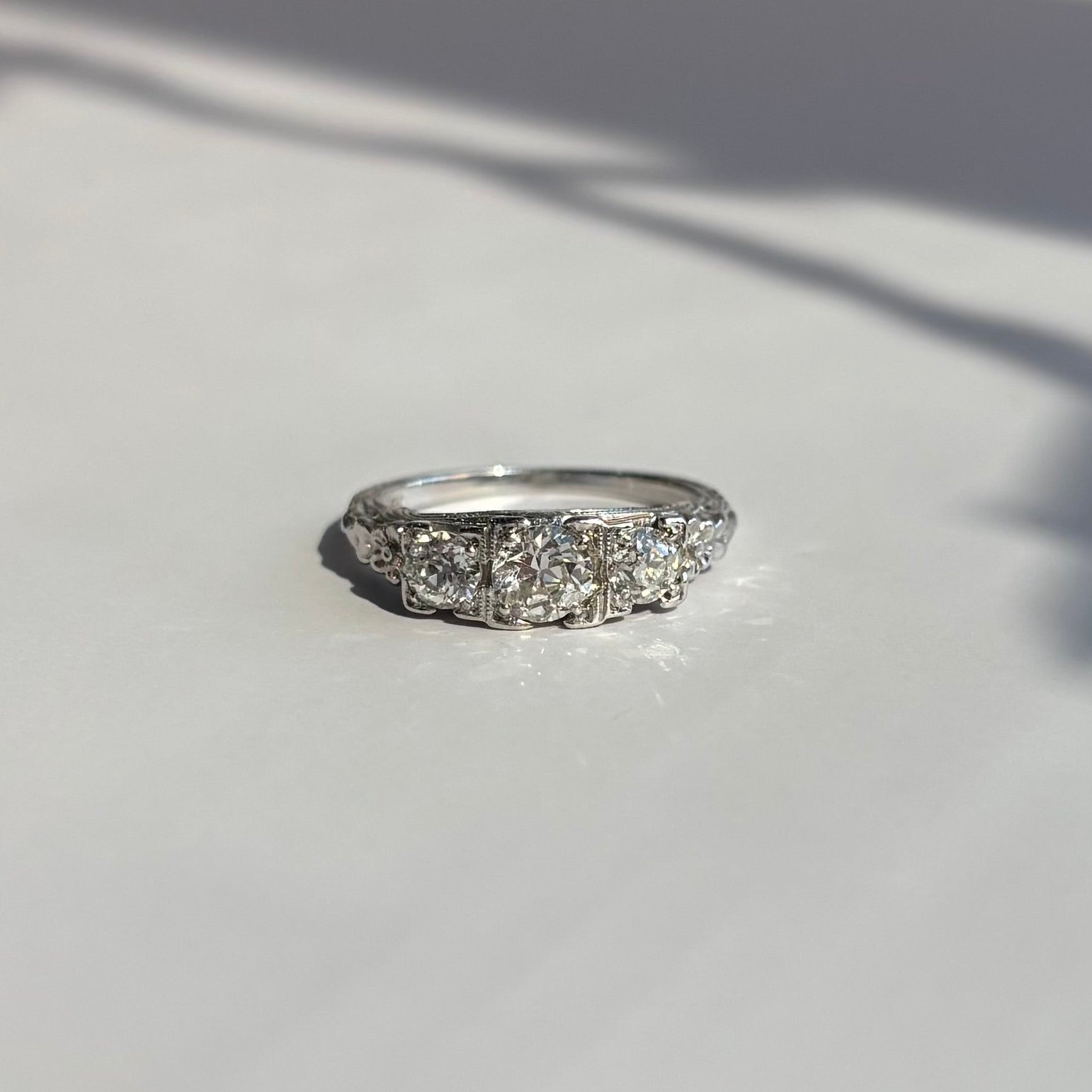 1920s Floral 3-Stone 0.85ct Diamond Engagement Ring | 18K White Gold | Vintage