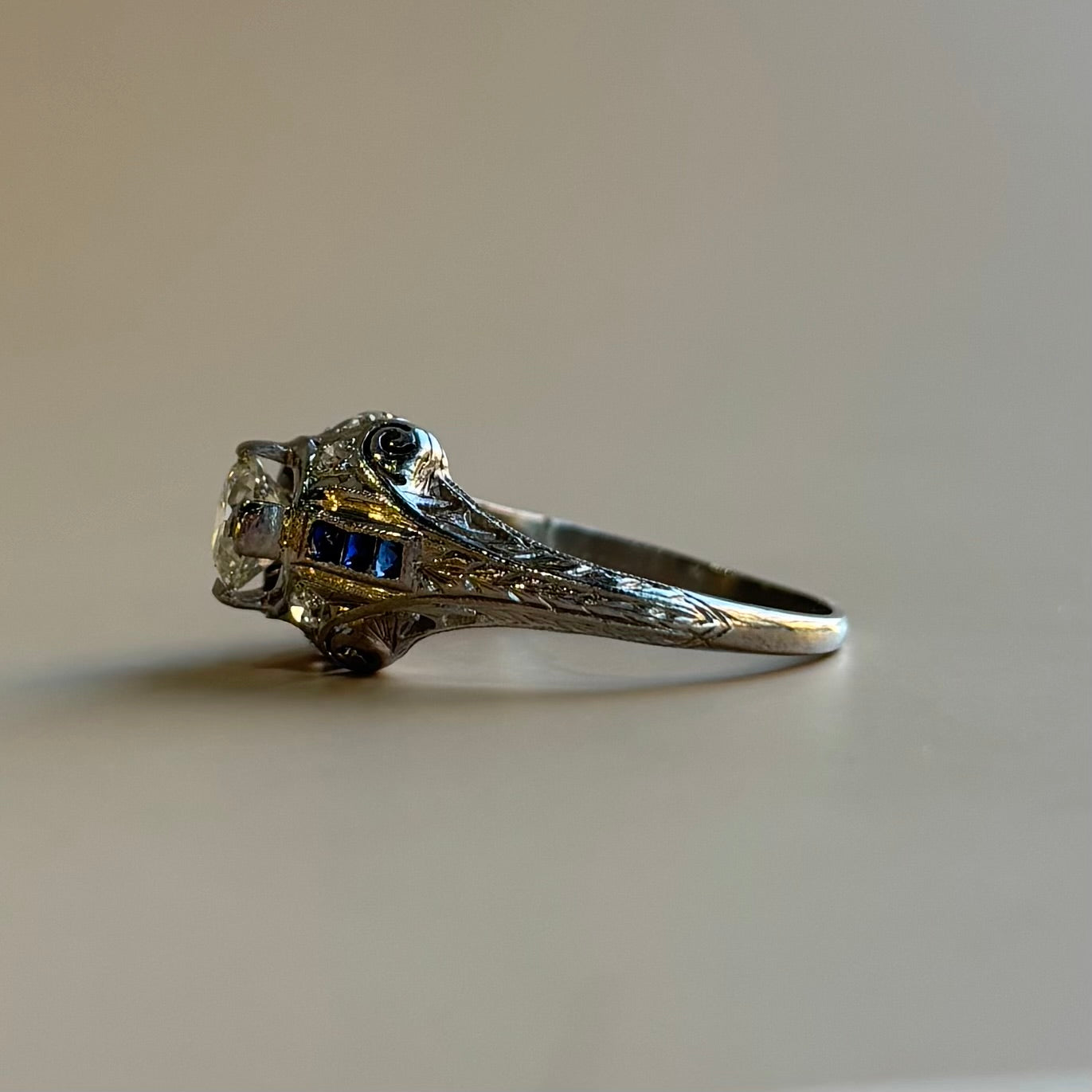Art Deco 0.75ct Diamond & Step-Cut Blue Sapphire Ring | 18k White Gold | Vintage