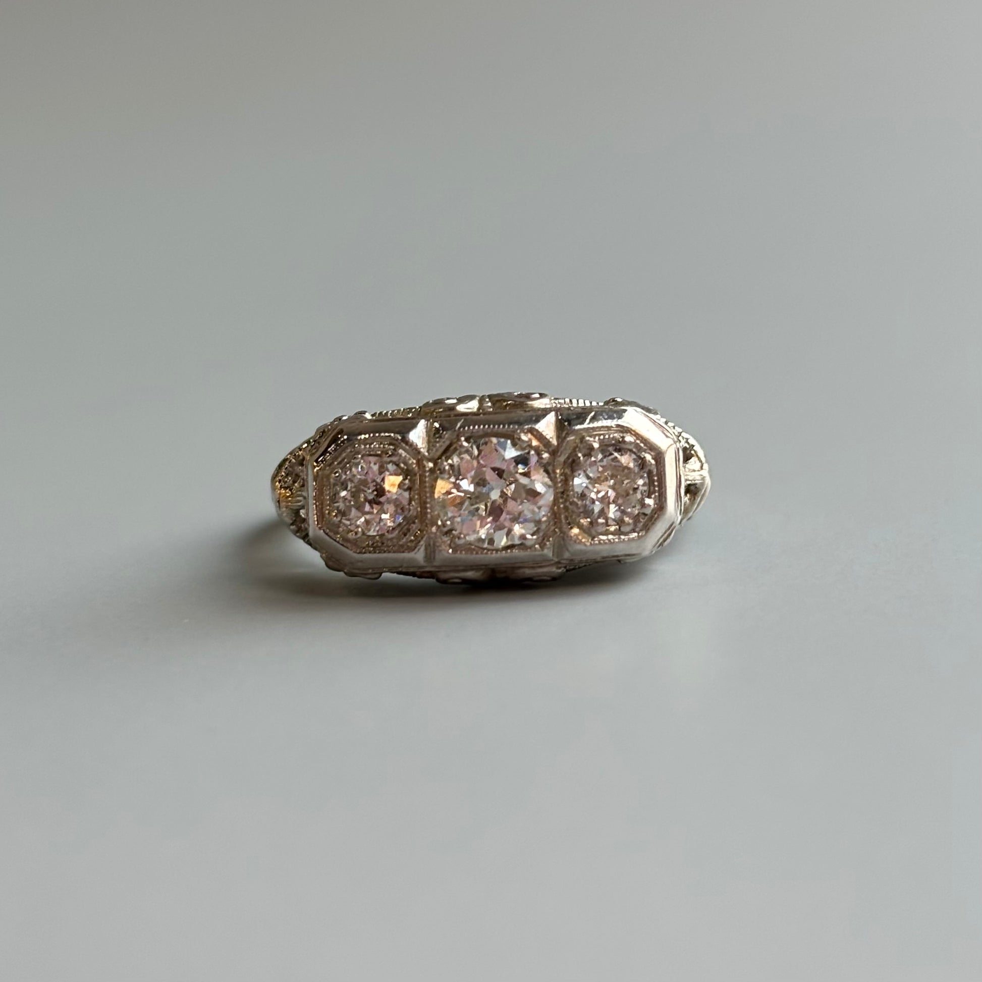 Art Deco 3-Stone Diamond Filigree Ring | 18k White Gold | Vintage