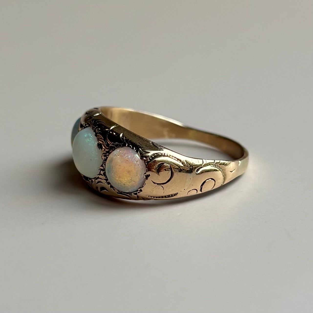 Gypsy Set Three Stone Opal Ring | 14K Yellow Gold | Vintage