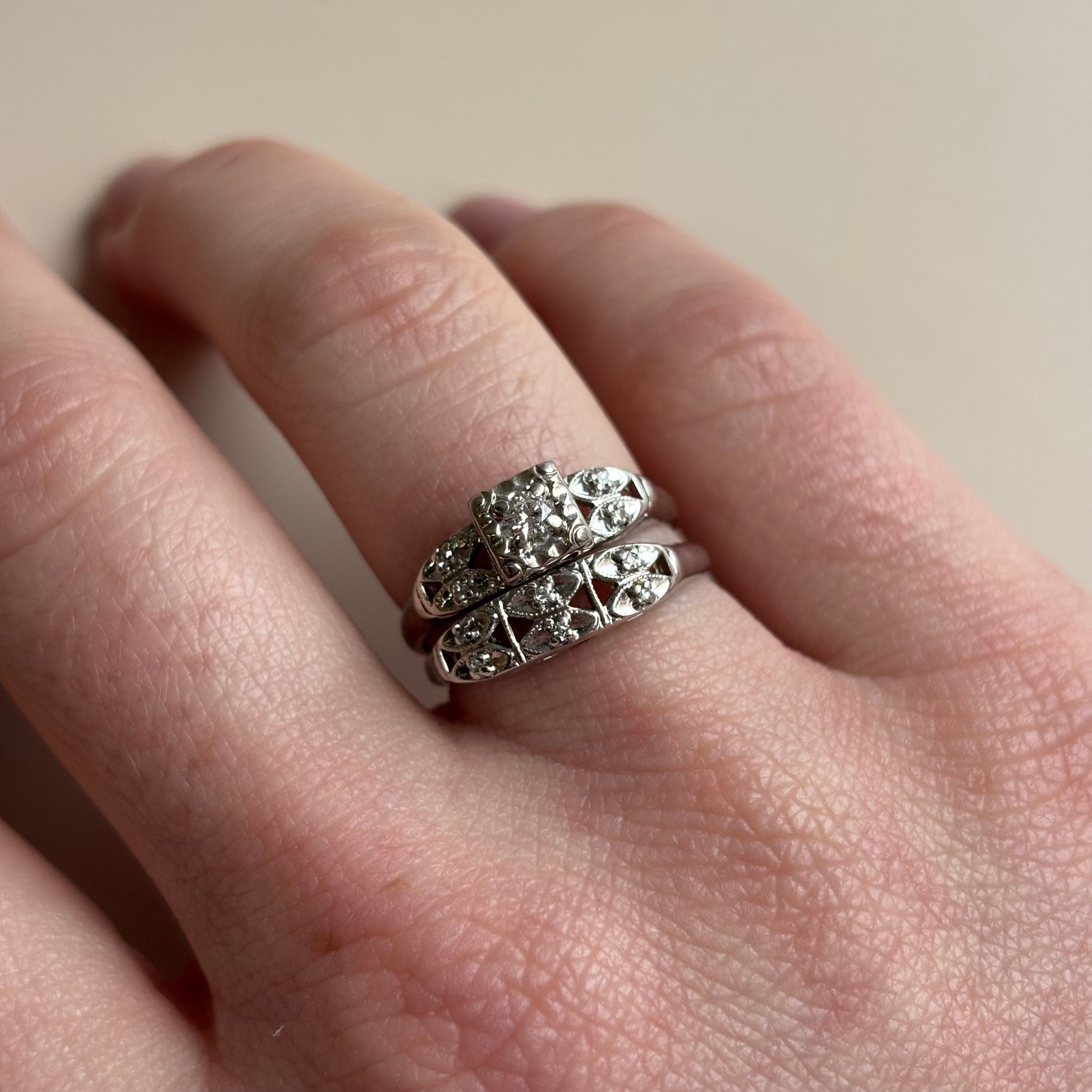 Art Deco Old European Cut Diamond Matching Bridal Set | 14k White Gold | Vintage