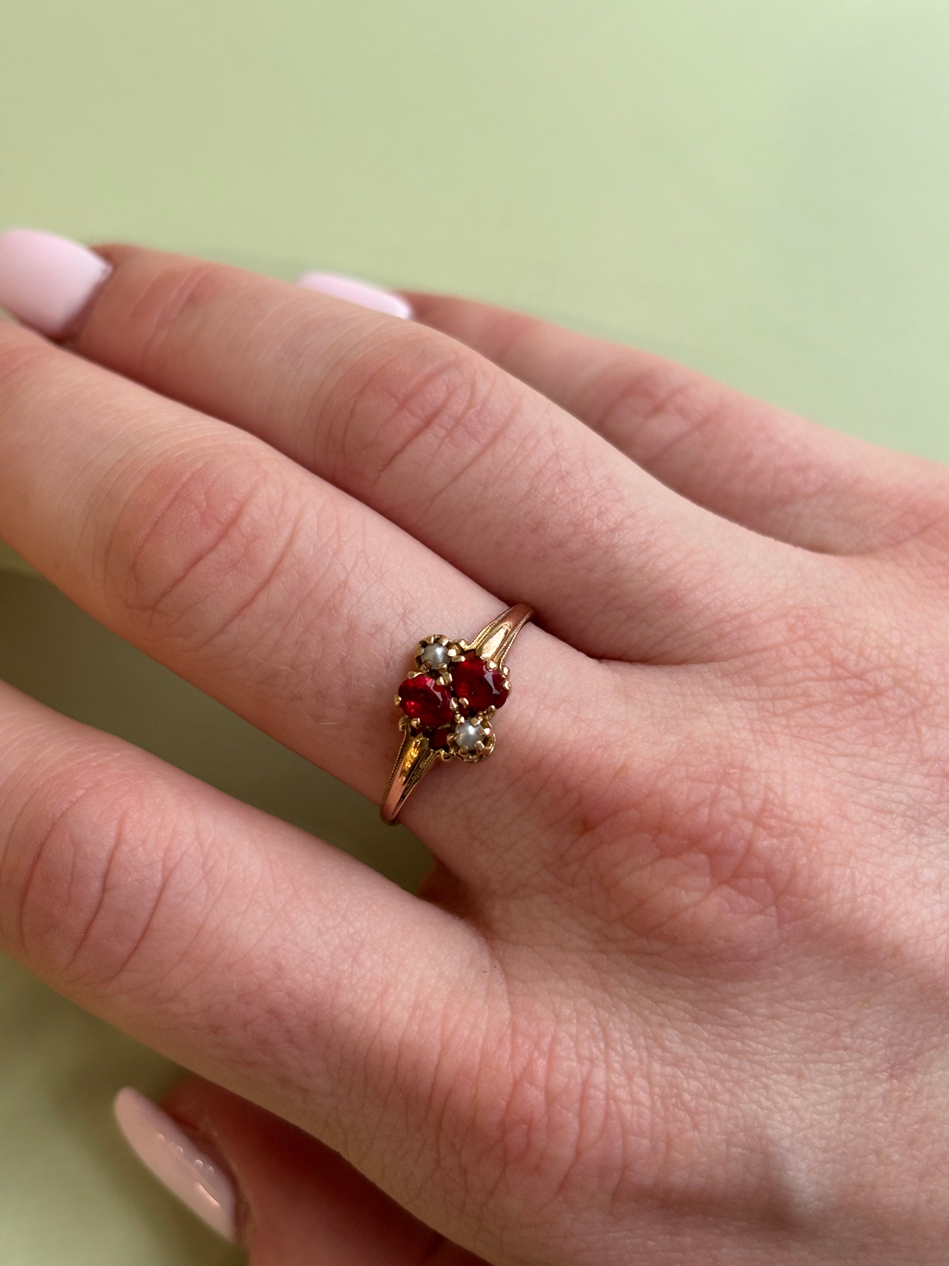 Victorian Synthetic Ruby & Seed Pearl Cluster Ring | 10k Yellow Gold | Vintage