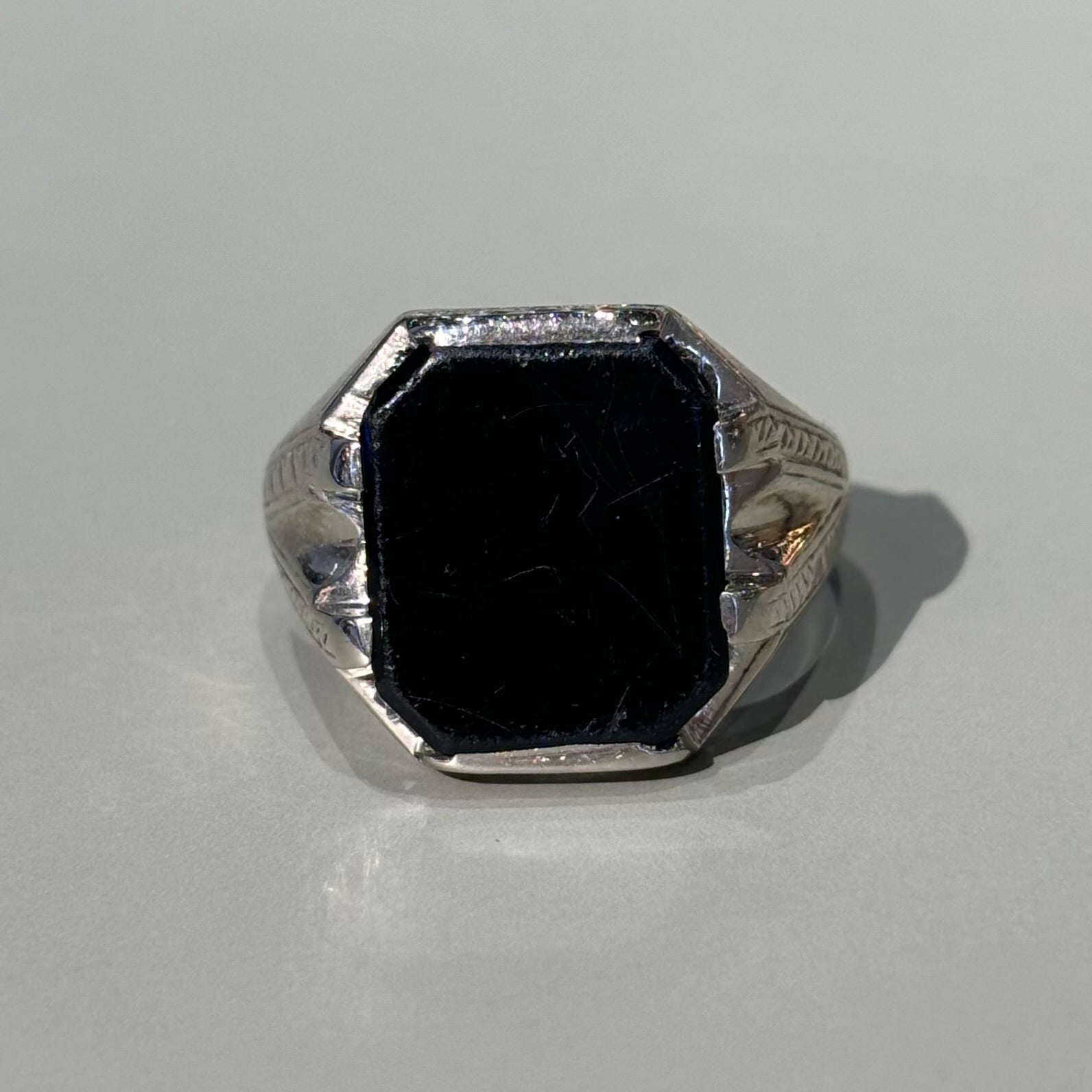 Art Deco Black Onyx Ring | 10k White Gold Hand-Engraved | Vintage