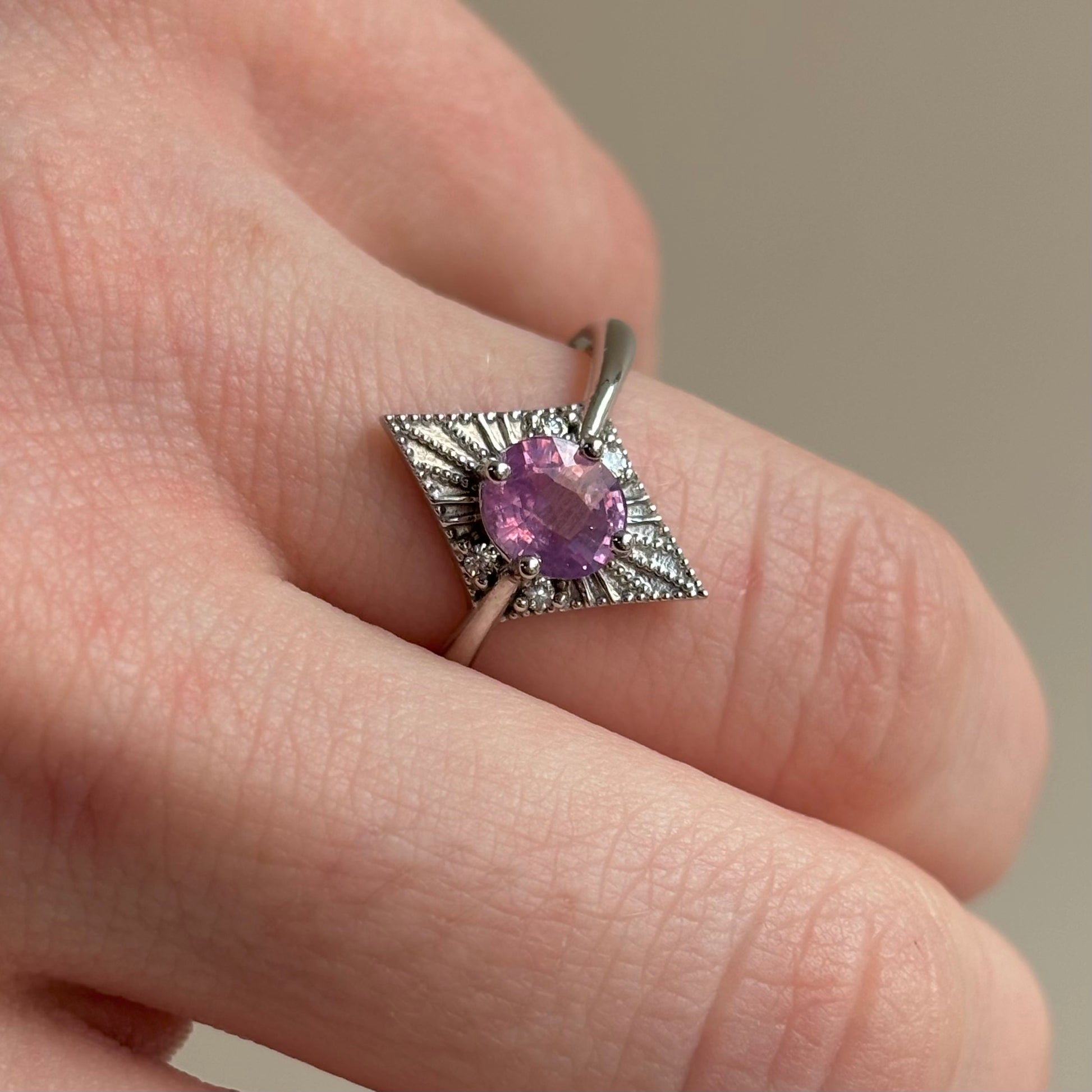 Pink Sapphire & Diamond Ring | 10K White Gold