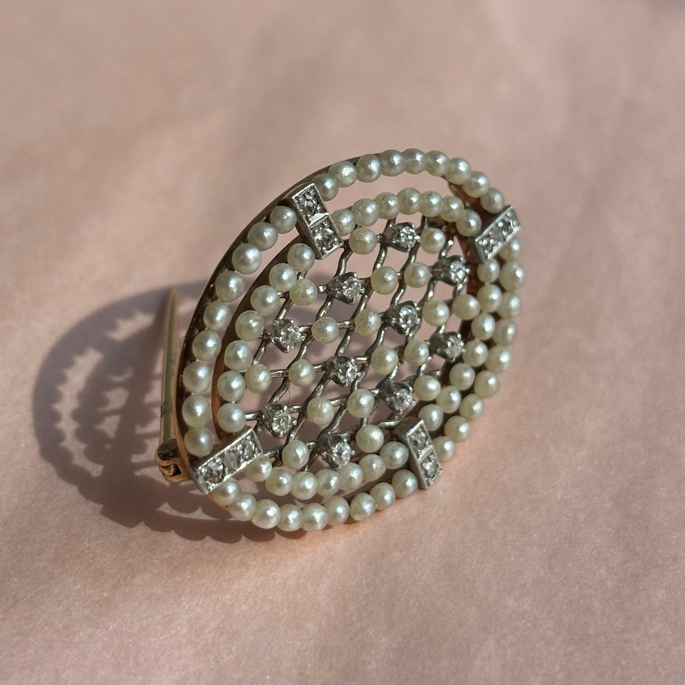 Edwardian Seed Pearl & Diamond Oval Brooch Pin | 14k Gold & Platinum | Vintage