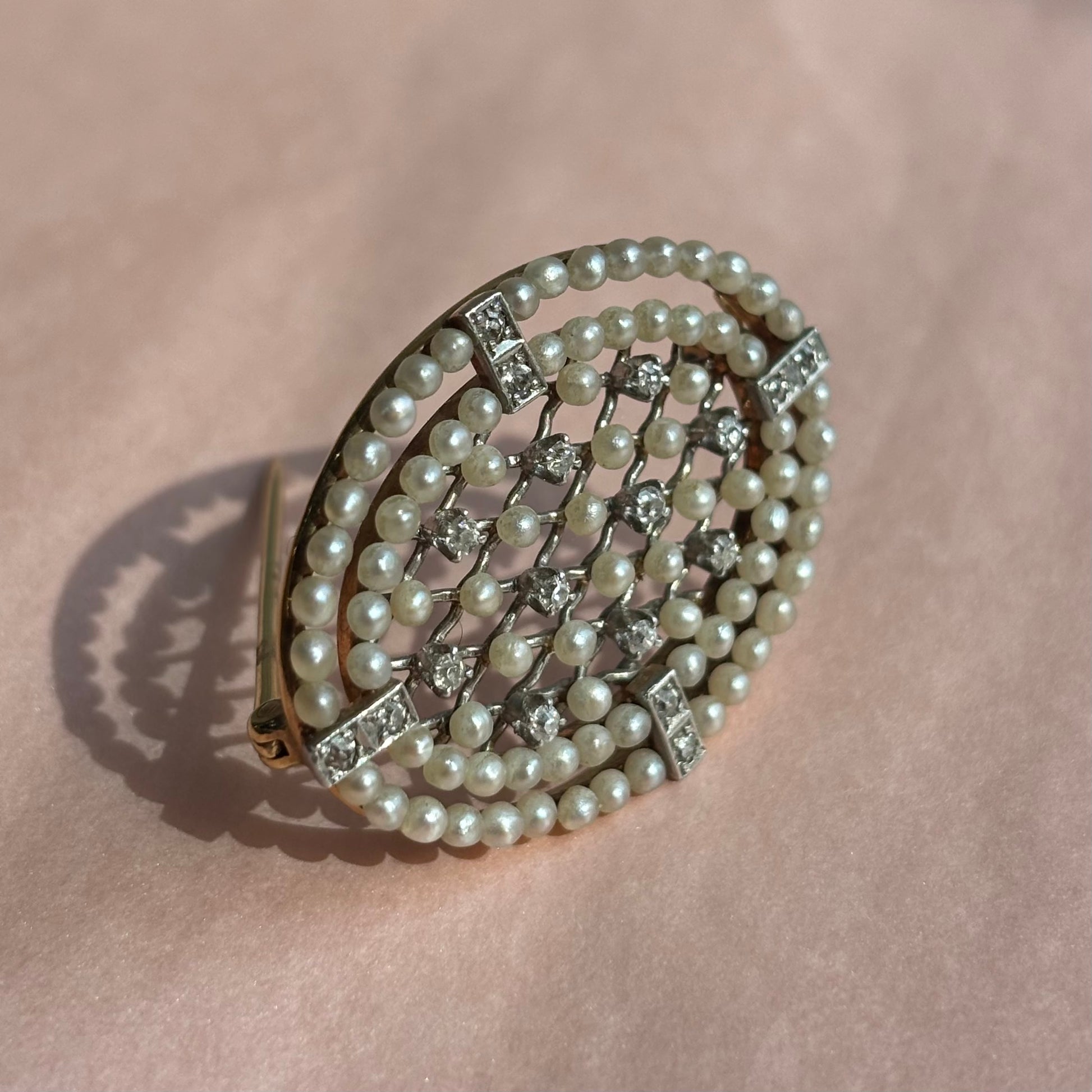 Edwardian Seed Pearl & Diamond Oval Brooch Pin | 14k Gold & Platinum | Vintage