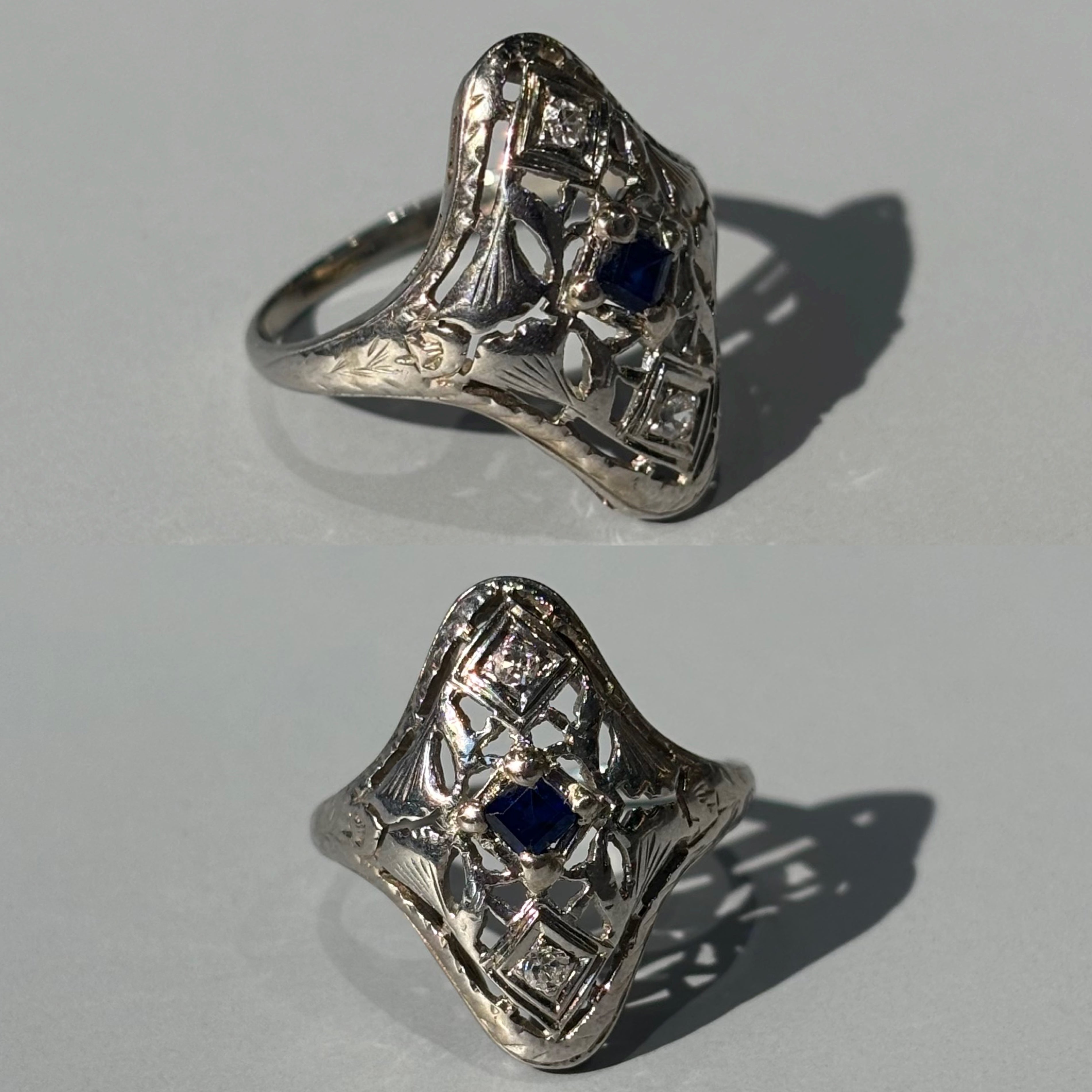 Blue Sapphire & Diamond Navette Filigree Ring | 18k White Gold | Vintage