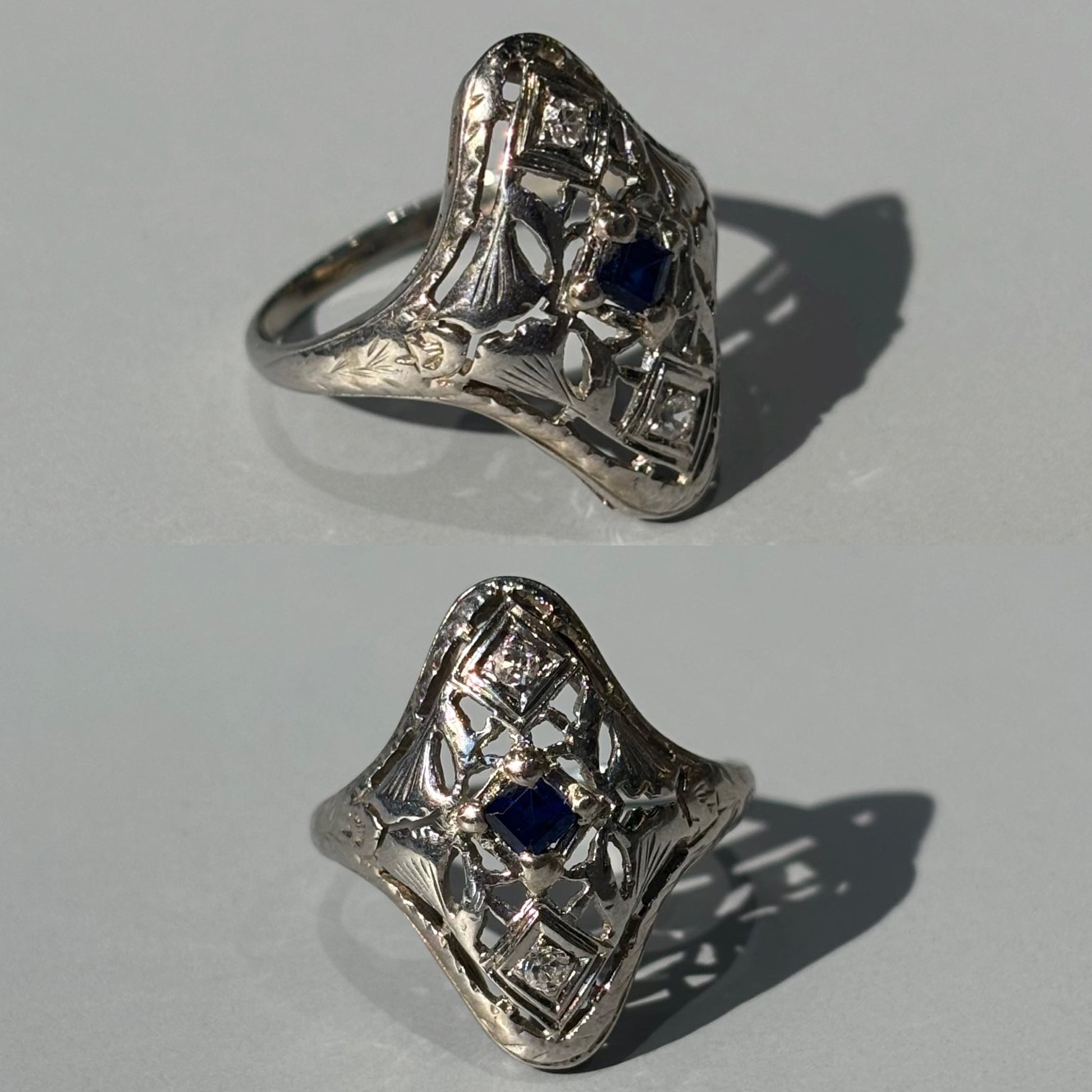 Blue Sapphire & Diamond Navette Filigree Ring | 18k White Gold | Vintage