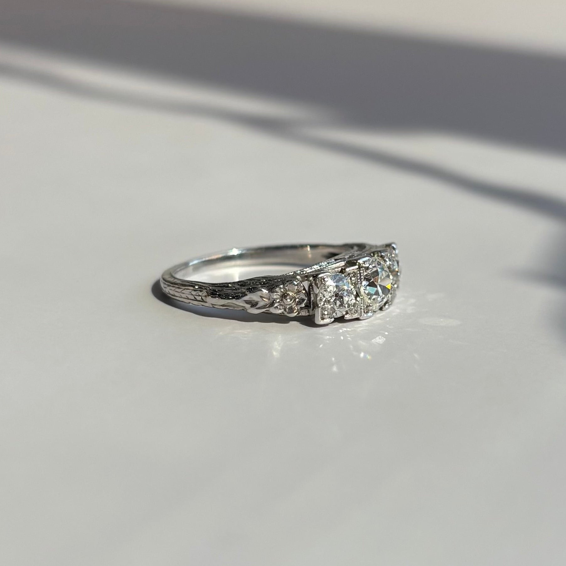 1920s Floral 3-Stone 0.85ct Diamond Engagement Ring | 18K White Gold | Vintage