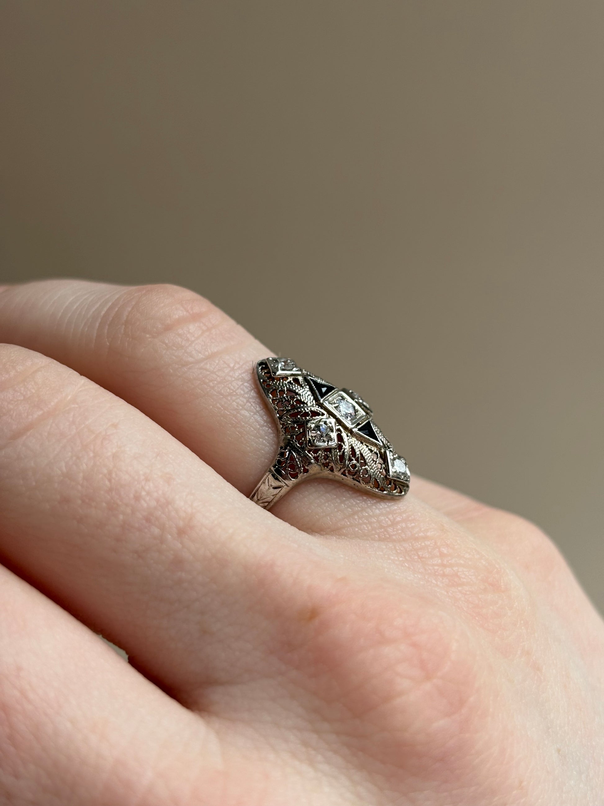 Art Deco Navette Blue Sapphire & Diamond Floral Filigree Ring | 18k White Gold | Vintage