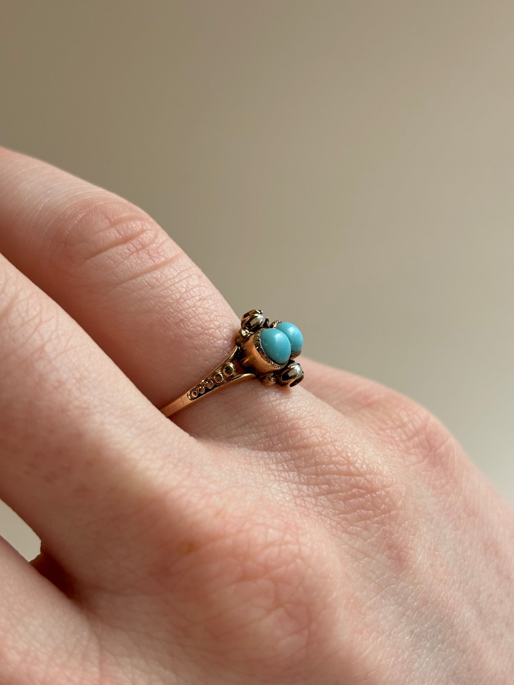 Victorian Double Turquoise Cabochon & Pearl Ring | 10k Yellow Gold | Vintage