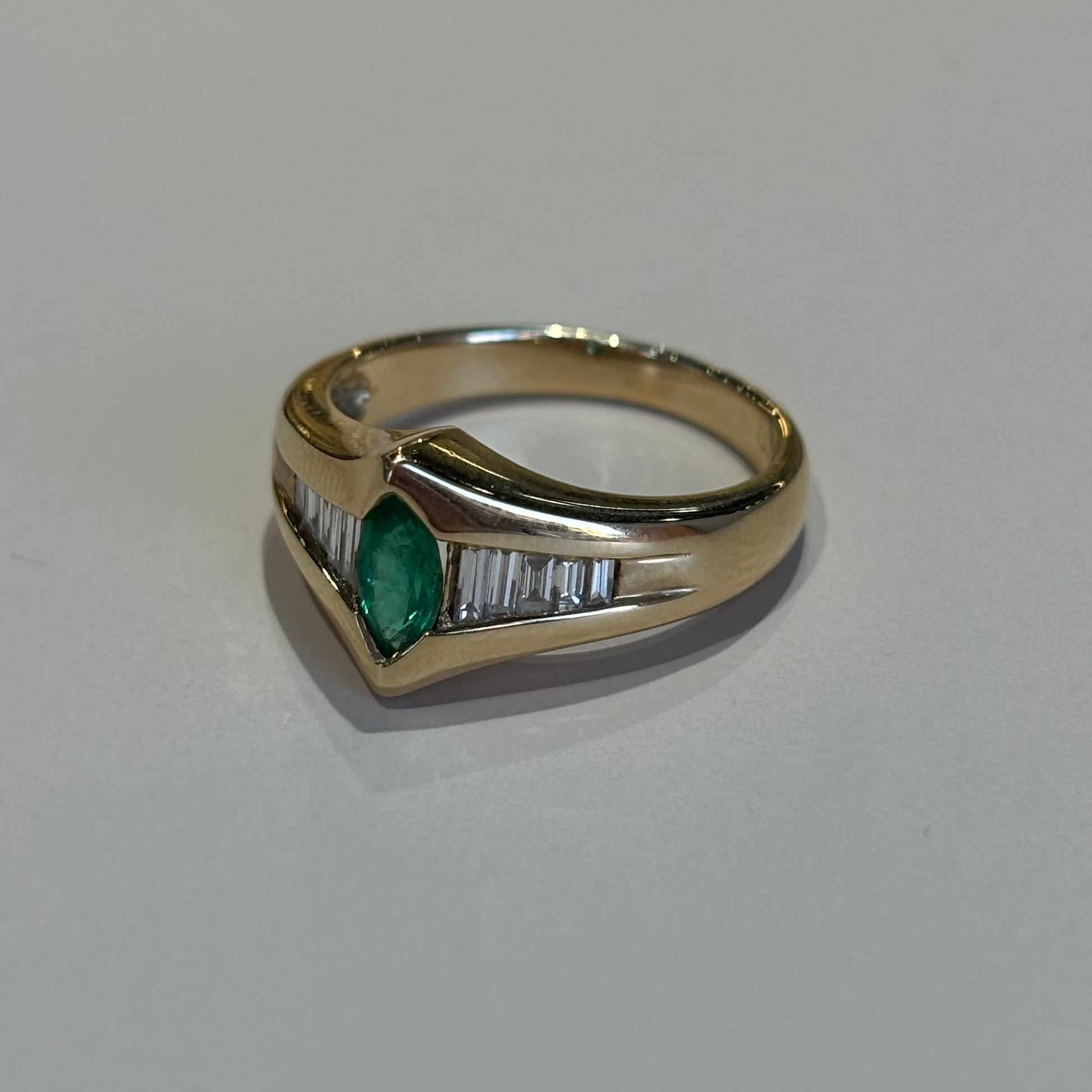 Retro Marquise Emerald & Diamond Baguette Ring | 14k Yellow Gold | Vintage