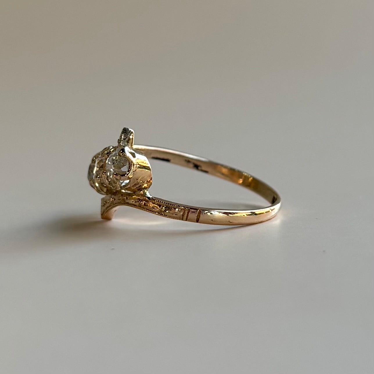 1.0ct Old Mine Cut Diamond Three Stone Bypass Ring | 14k Yellow Gold | Vintage