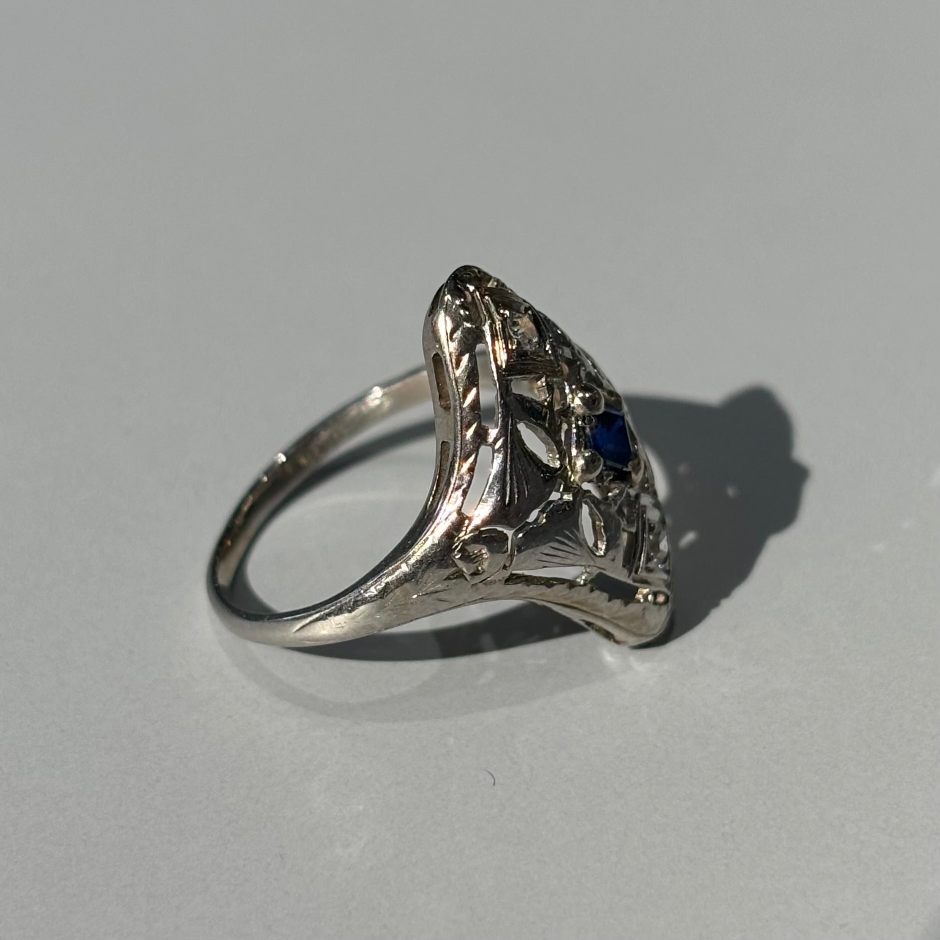 Blue Sapphire & Diamond Navette Filigree Ring | 18k White Gold | Vintage