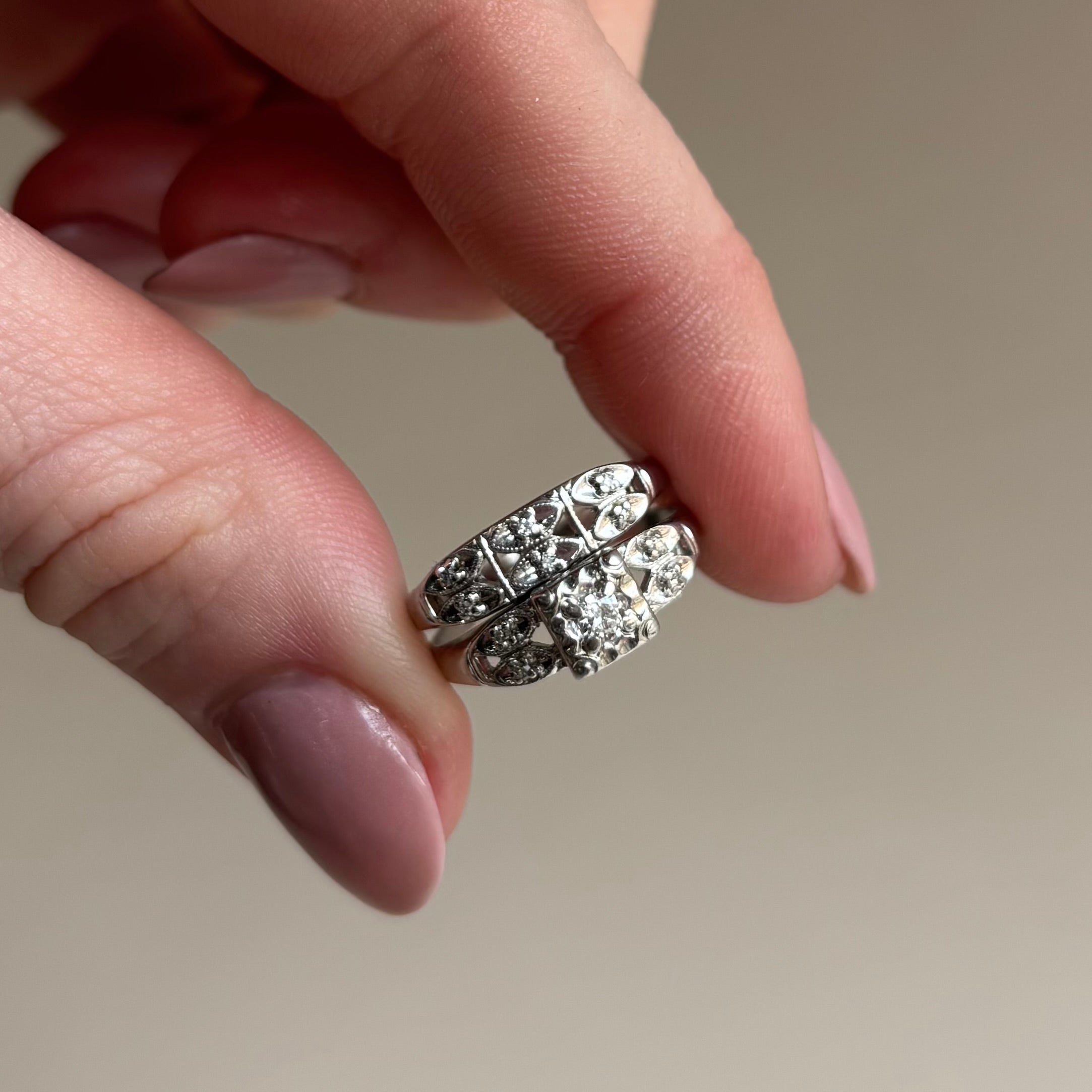 Art Deco Old European Cut Diamond Matching Bridal Set | 14k White Gold | Vintage