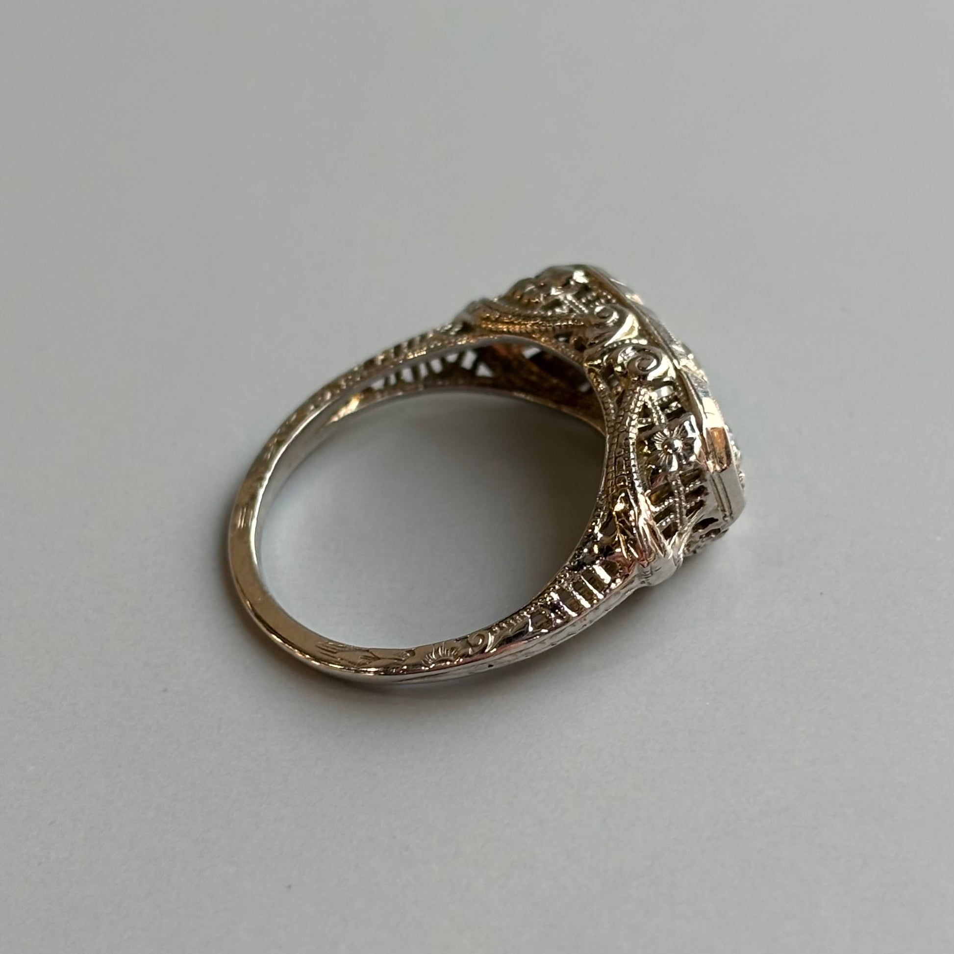 Art Deco 3-Stone Diamond Filigree Ring | 18k White Gold | Vintage