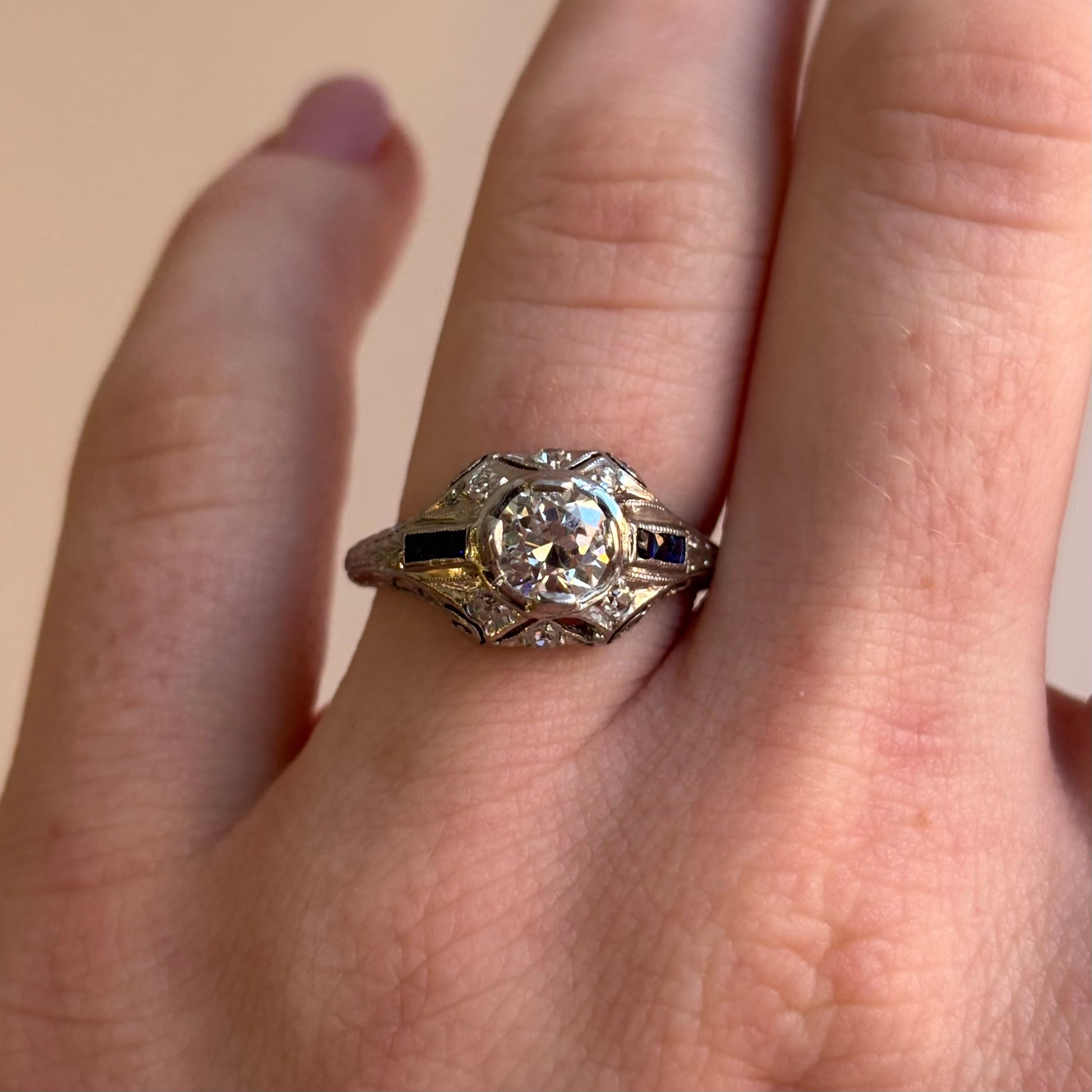 Art Deco 0.75ct Diamond & Step-Cut Blue Sapphire Ring | 18k White Gold | Vintage