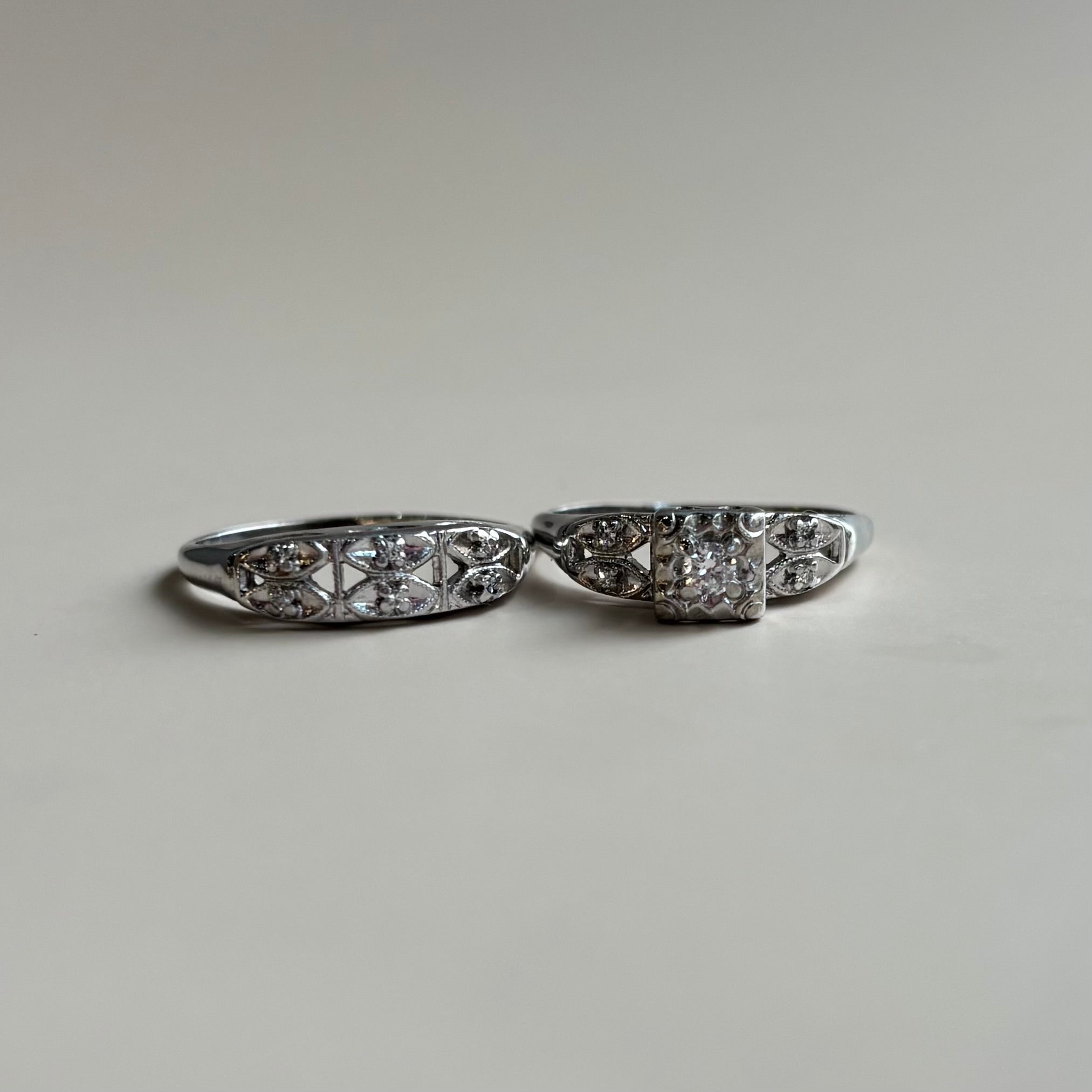Art Deco Old European Cut Diamond Matching Bridal Set | 14k White Gold | Vintage