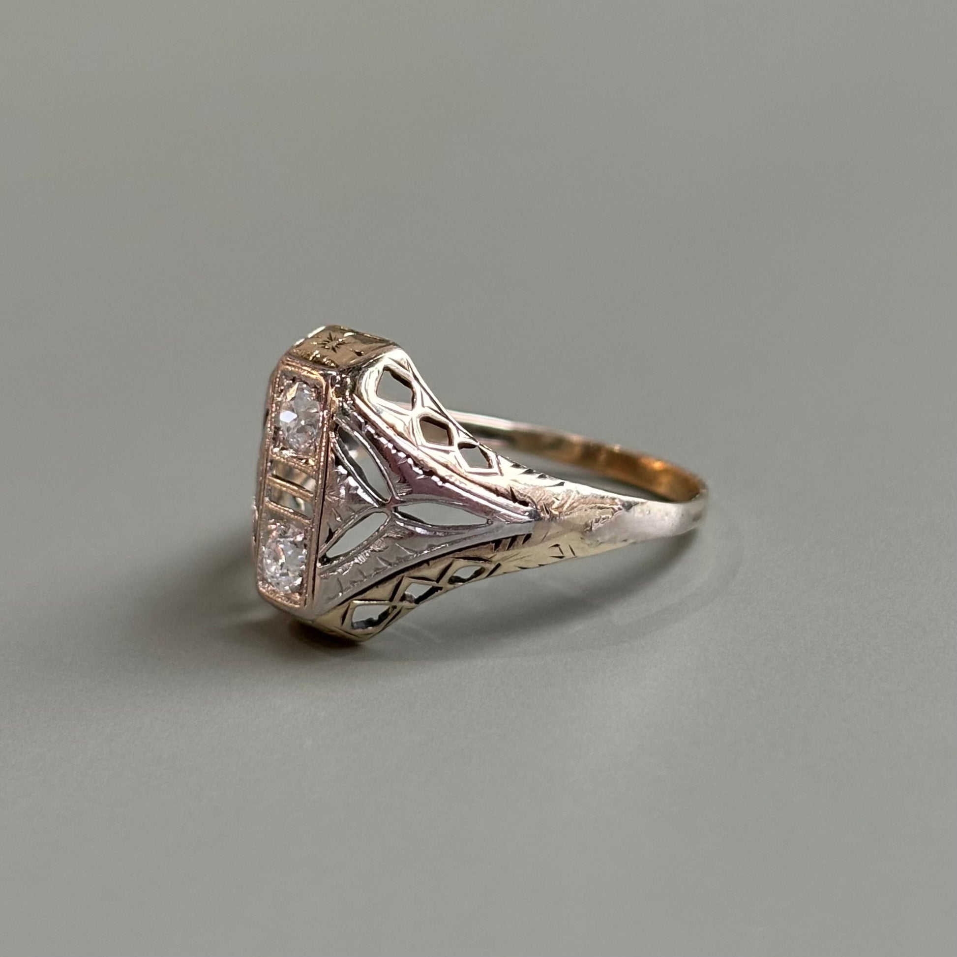 Art Deco Shield Ring | 0.35CTW Old European Cut Diamonds | Vintage