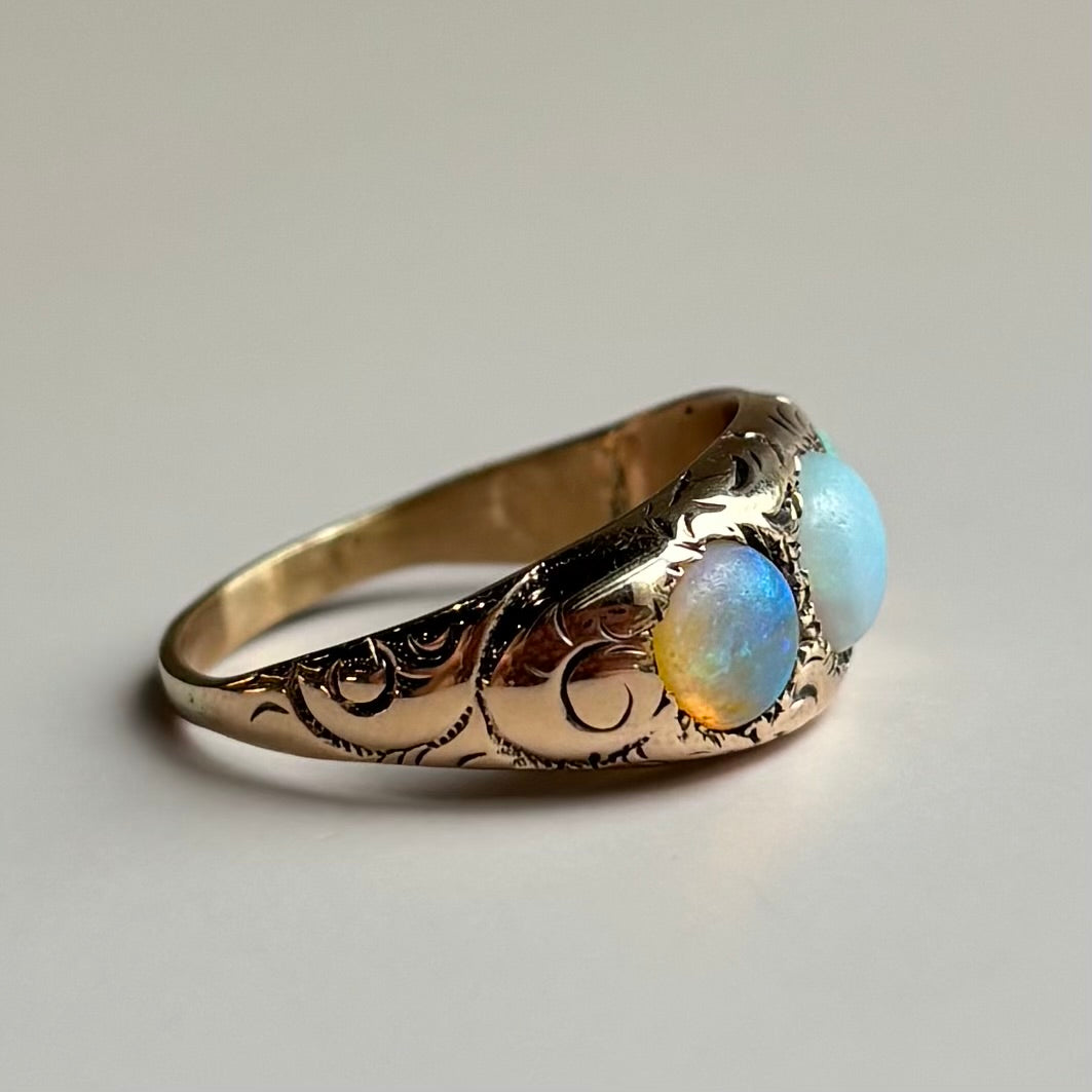 Gypsy Set Three Stone Opal Ring | 14K Yellow Gold | Vintage