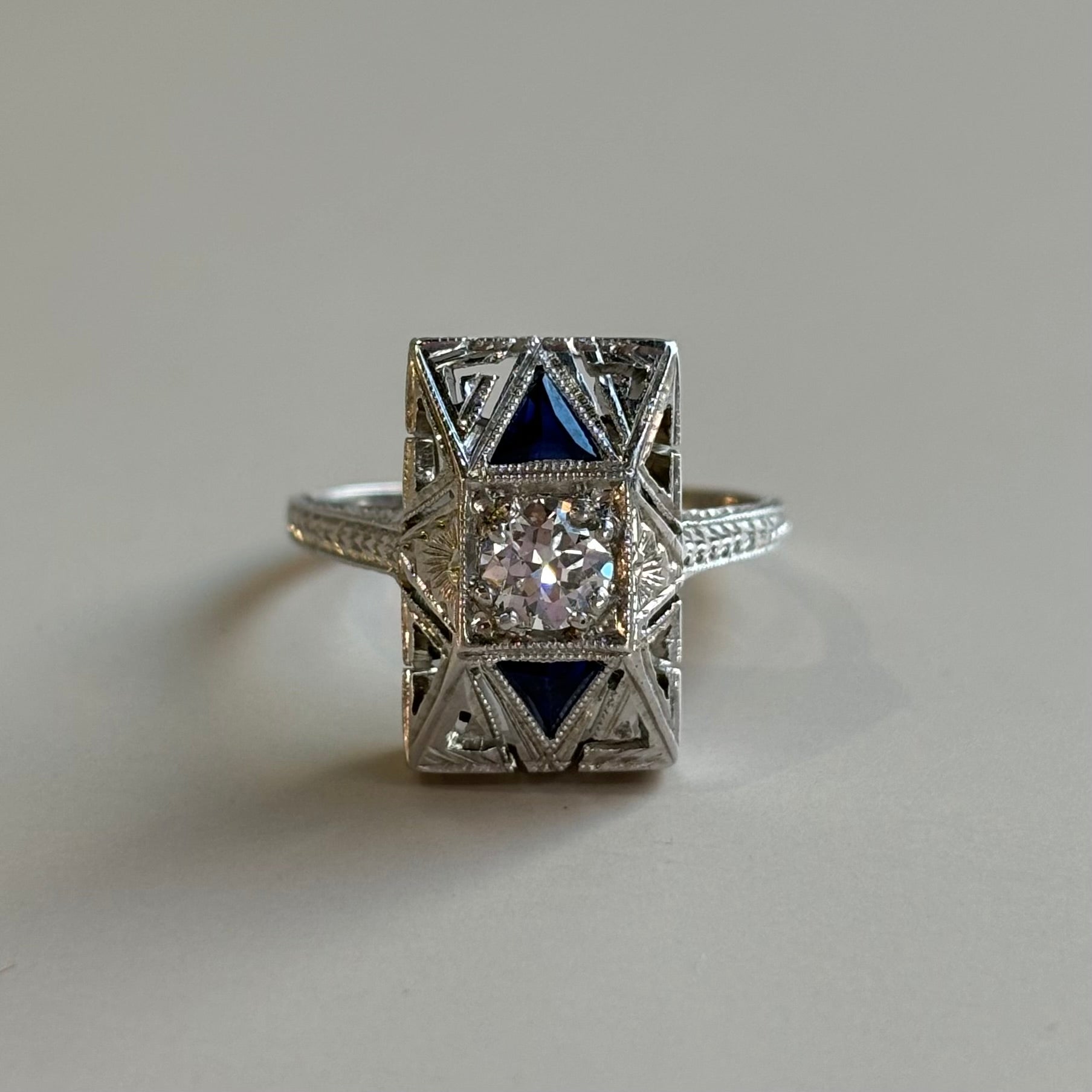 Art Deco Diamond & Sapphire Ring | 20K White Gold | Vintage