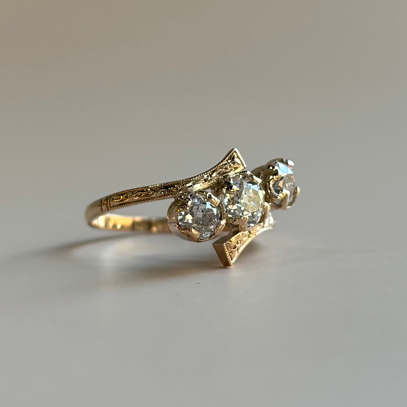 1.0ct Old Mine Cut Diamond Three Stone Bypass Ring | 14k Yellow Gold | Vintage