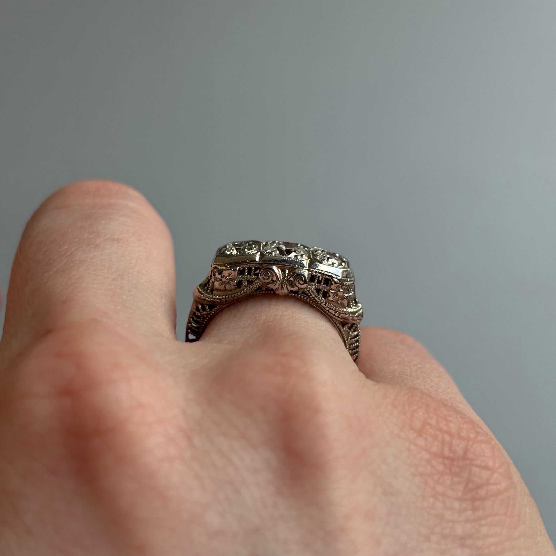 Art Deco 3-Stone Diamond Filigree Ring | 18k White Gold | Vintage