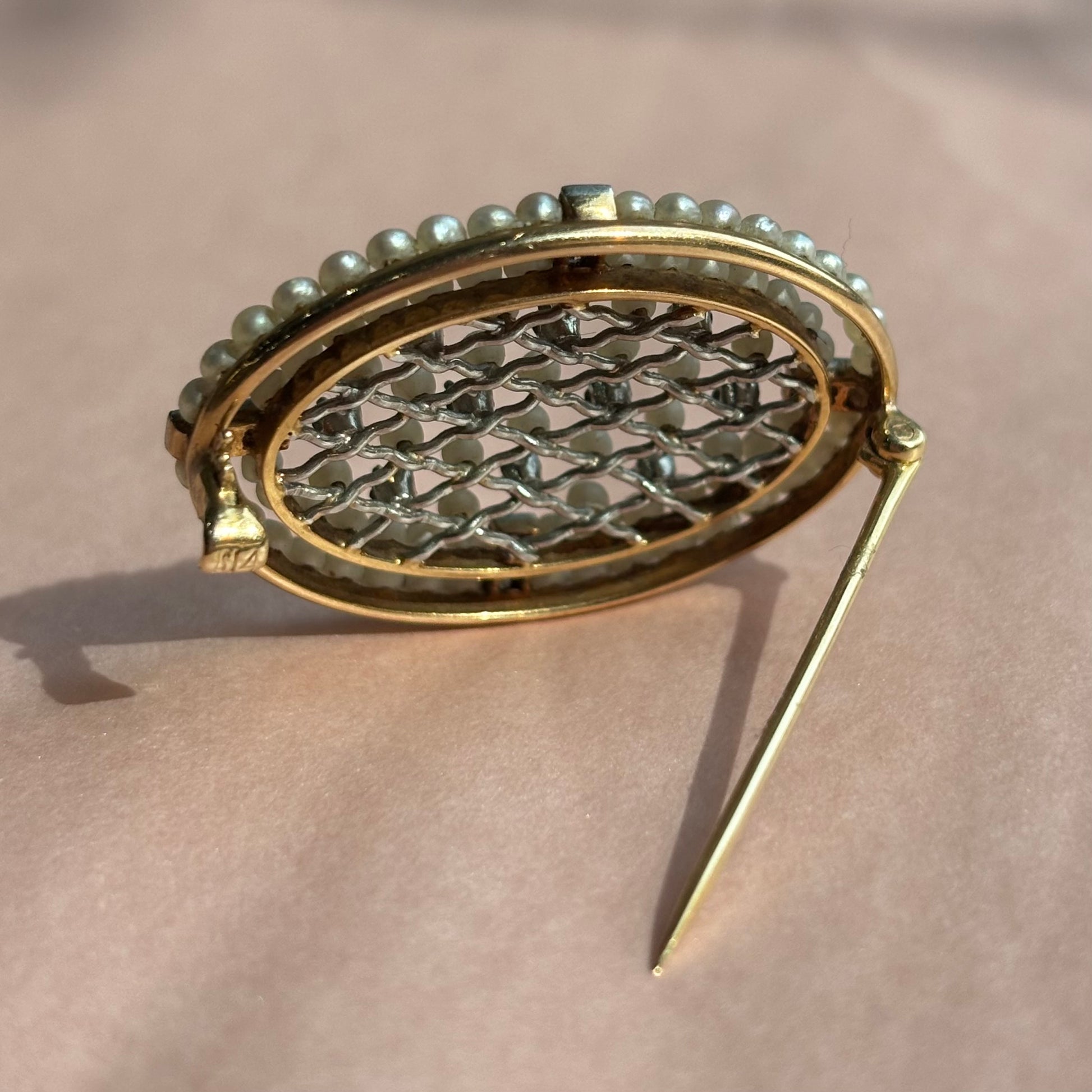 Edwardian Seed Pearl & Diamond Oval Brooch Pin | 14k Gold & Platinum | Vintage