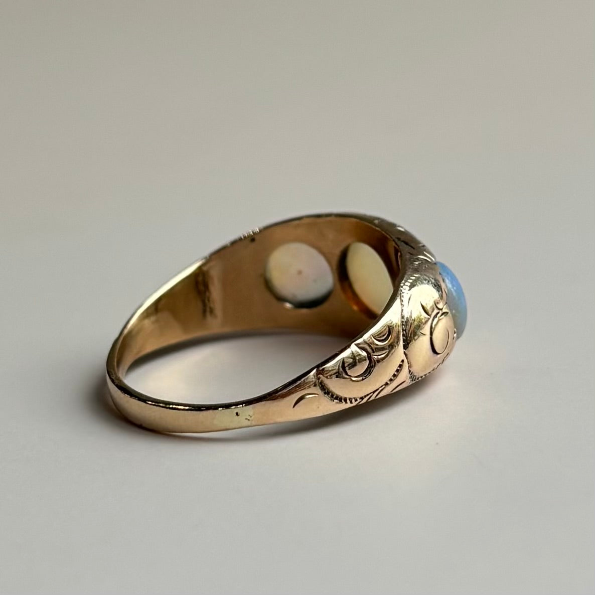 Gypsy Set Three Stone Opal Ring | 14K Yellow Gold | Vintage