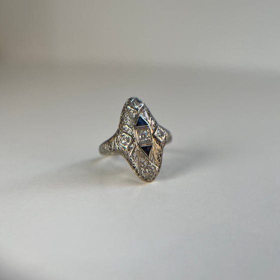 Diamond Floral Filigree Ring with Sapphire Accents