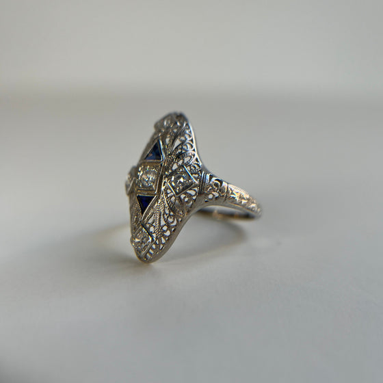 Diamond Floral Filigree Ring with Sapphire Accents