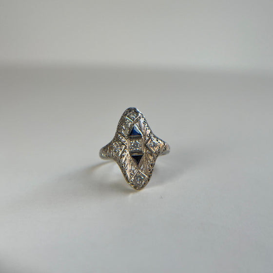 Diamond Floral Filigree Ring with Sapphire Accents