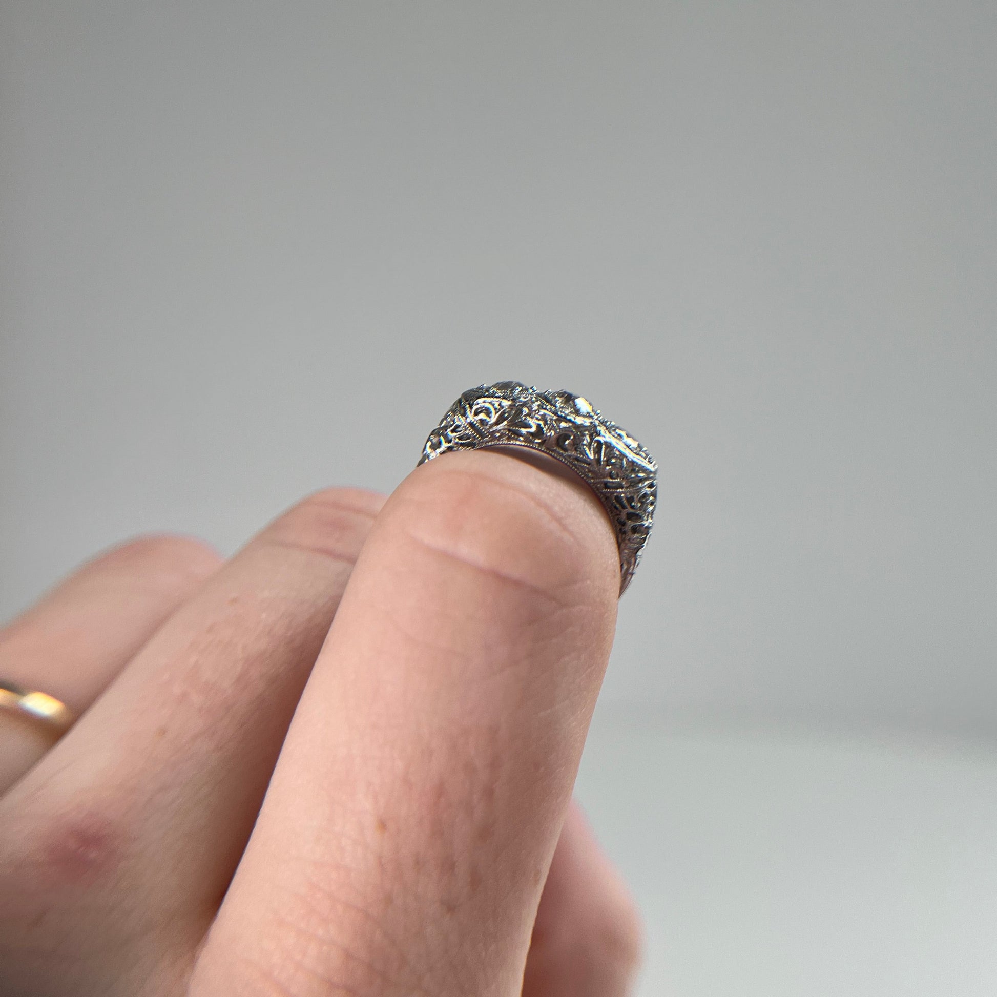 Art Deco 1.10ct Three Stone Old European Cut Diamond Filigree Ring | 18k White Gold | Vintage