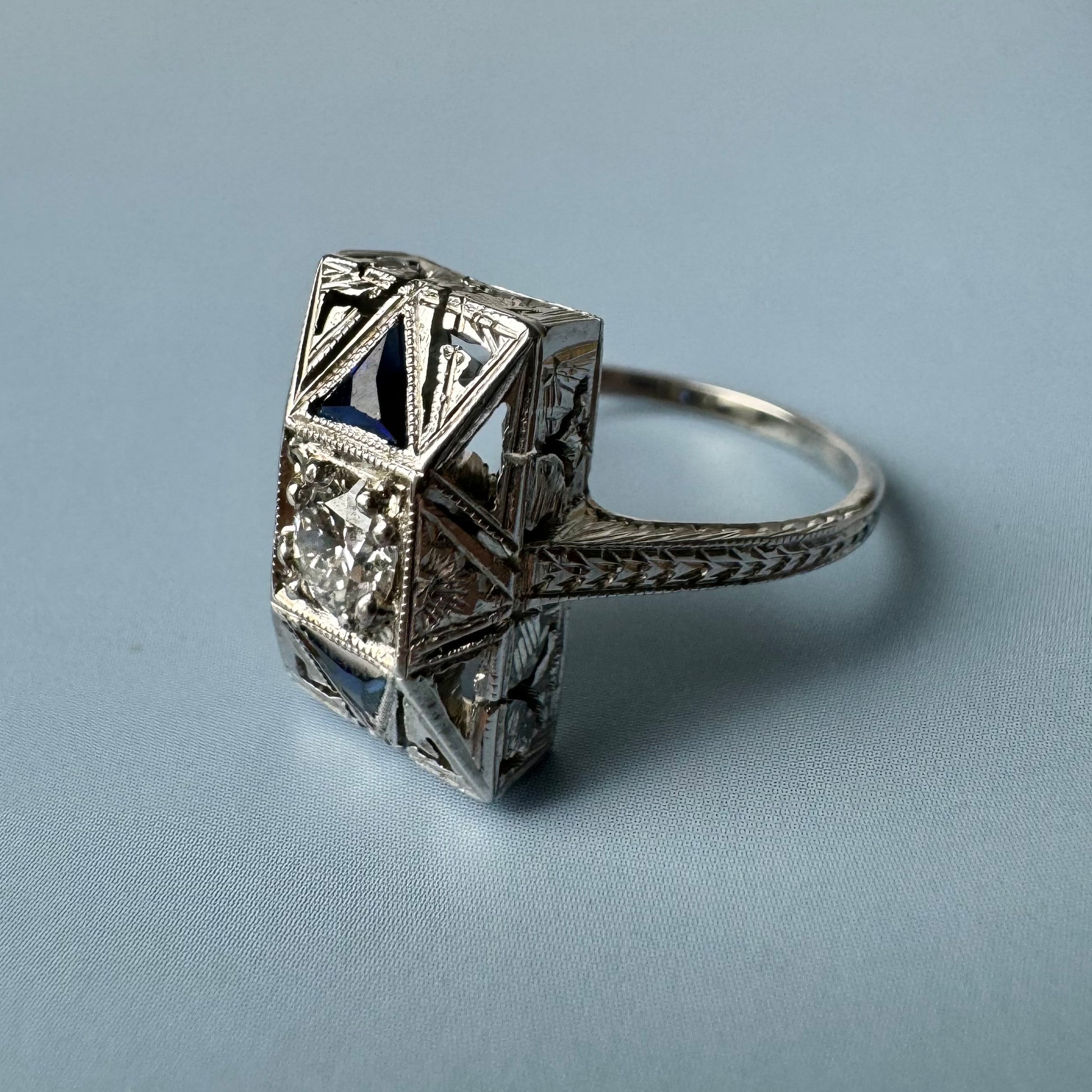 Art Deco Diamond & Sapphire Ring | 20K White Gold | Vintage