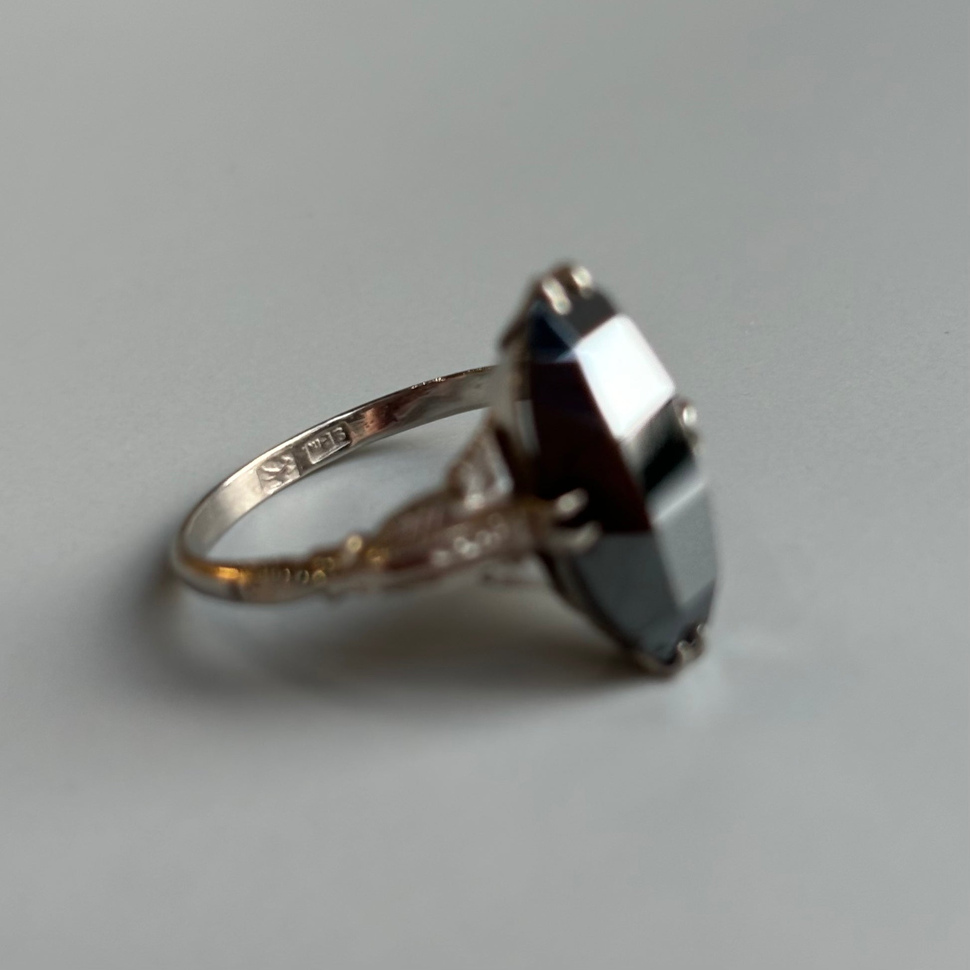 Art Deco Black Spinel Hand-Carved Ring | 14k White Gold | Vintage