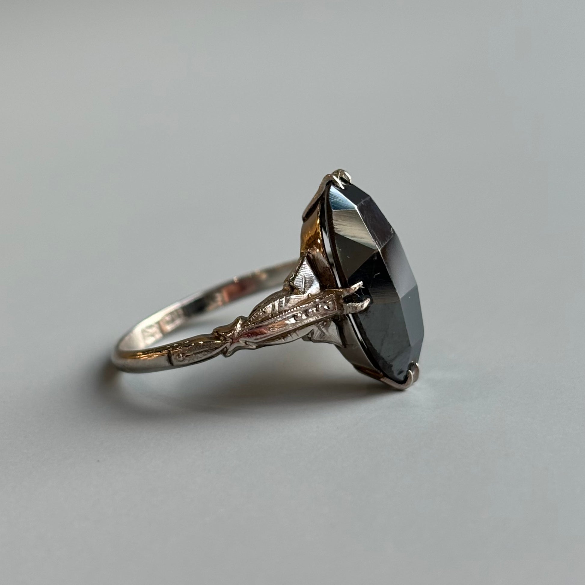 Art Deco Black Spinel Hand-Carved Ring | 14k White Gold | Vintage