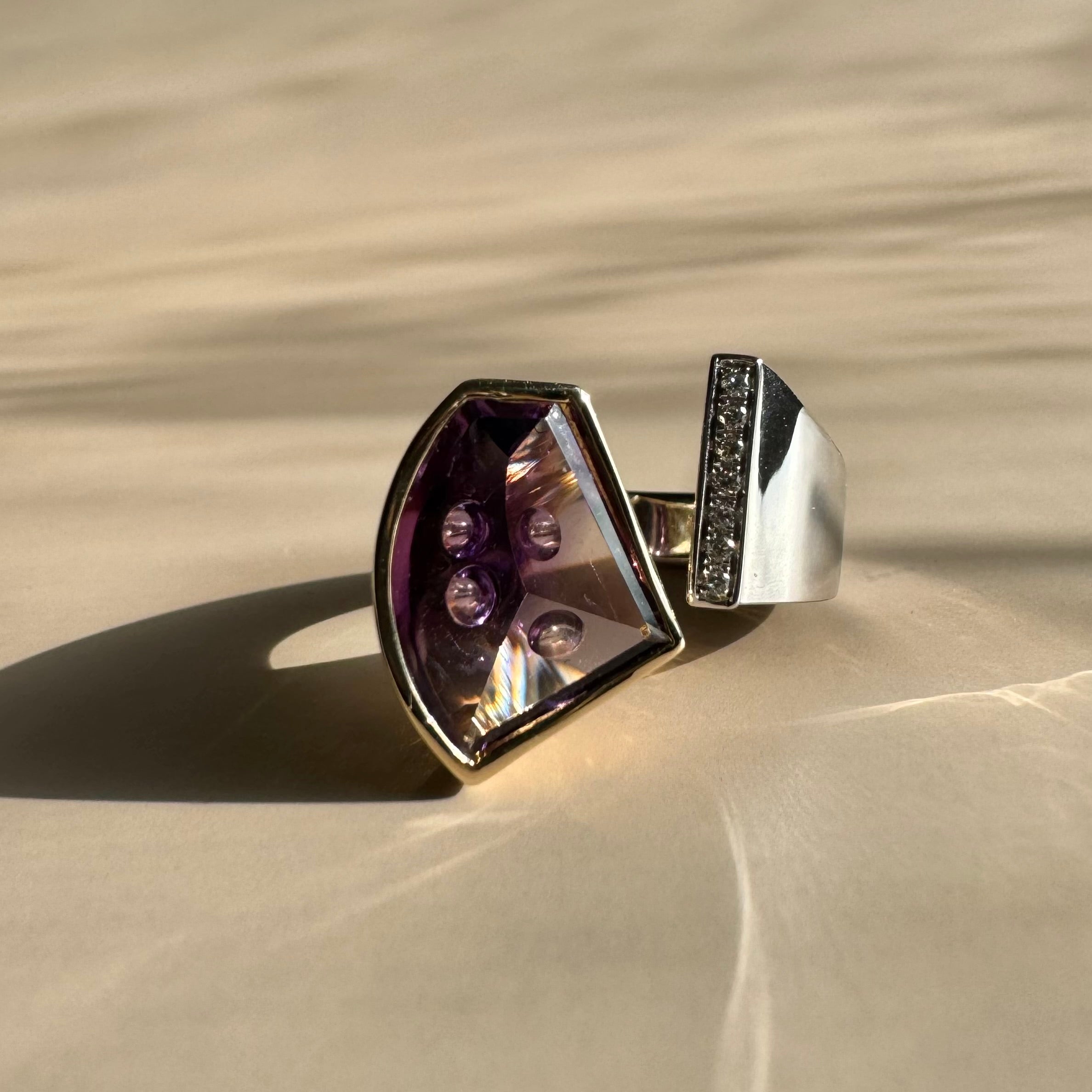 Amethyst and Diamond Bypass Ring | 14K Two-Tone Gold