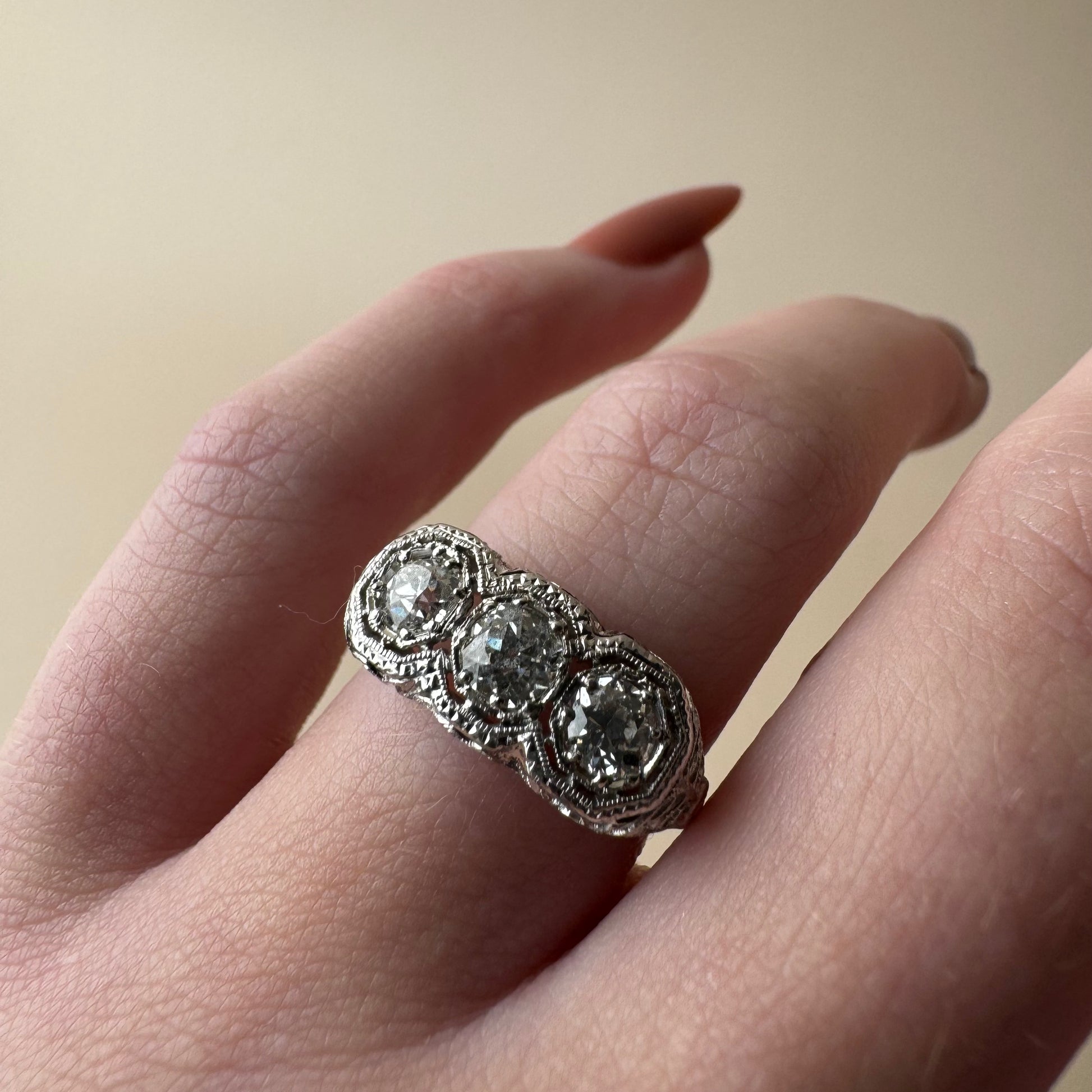 Art Deco 1.10ct Three Stone Old European Cut Diamond Filigree Ring | 18k White Gold | Vintage