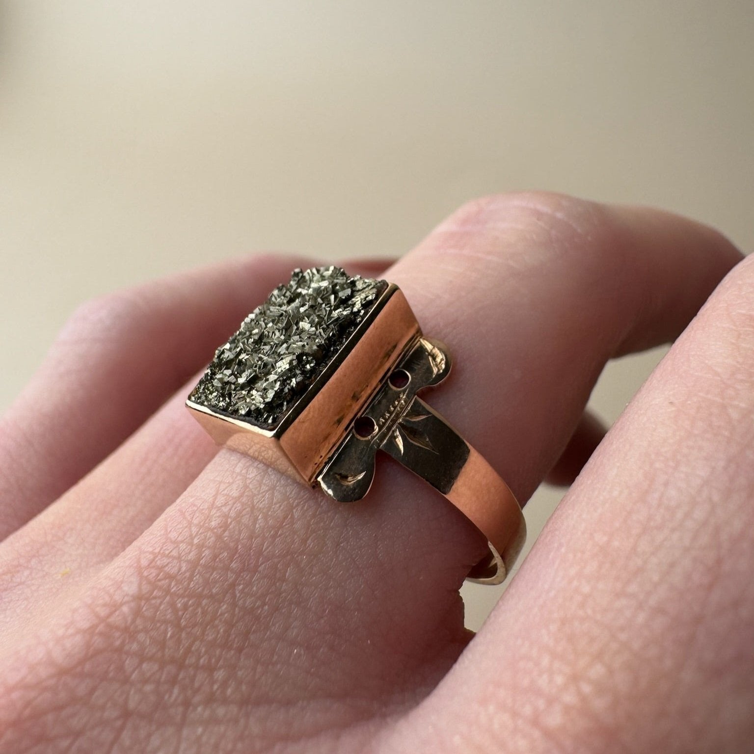 Raw Pyrite Crystal Statement Ring | 10k Yellow Gold | Vintage