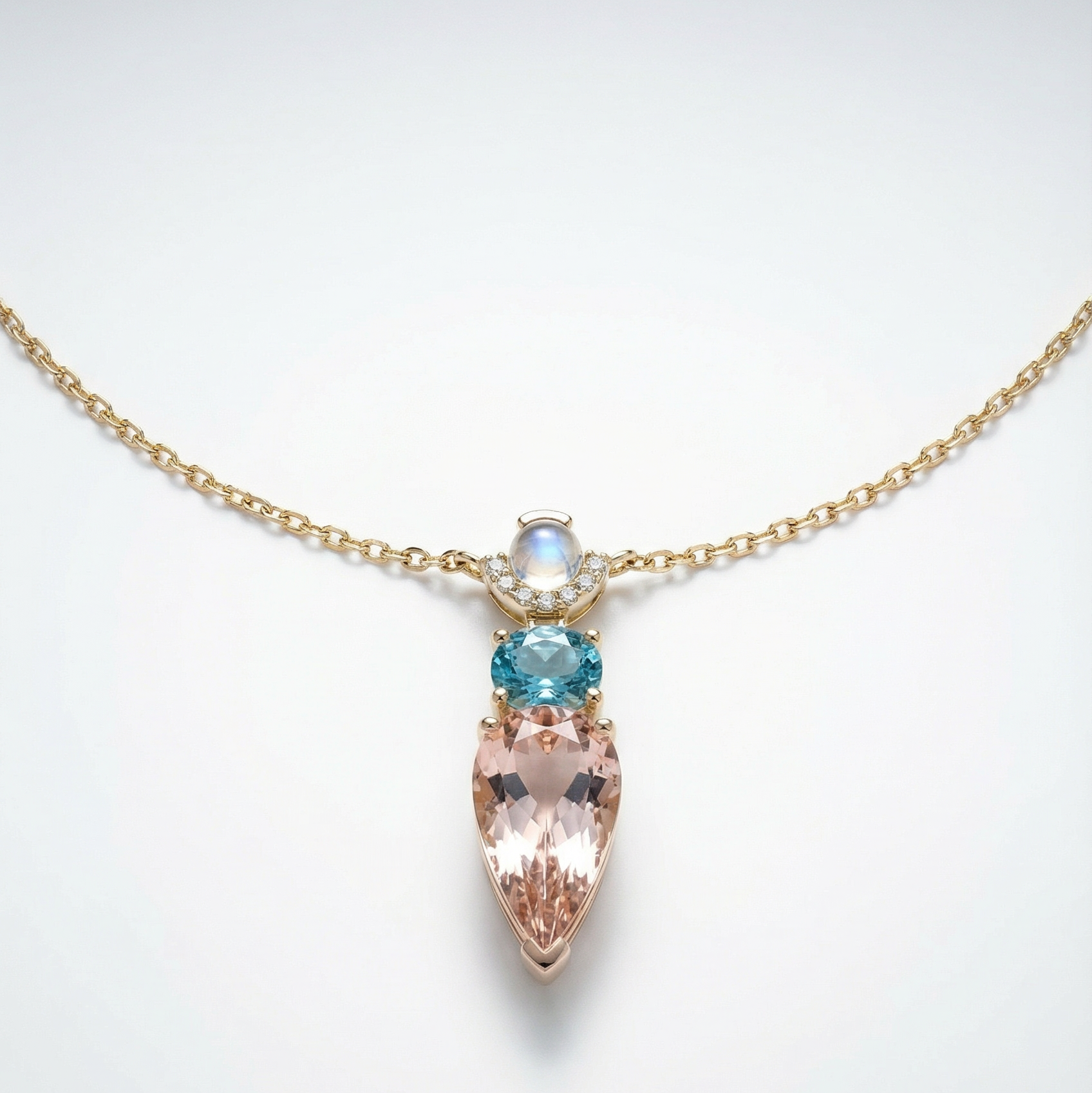 Morganite, Swiss Blue Topaz and Moonstone Necklace | 14K Yellow and  Rose Gold | 18" Chain