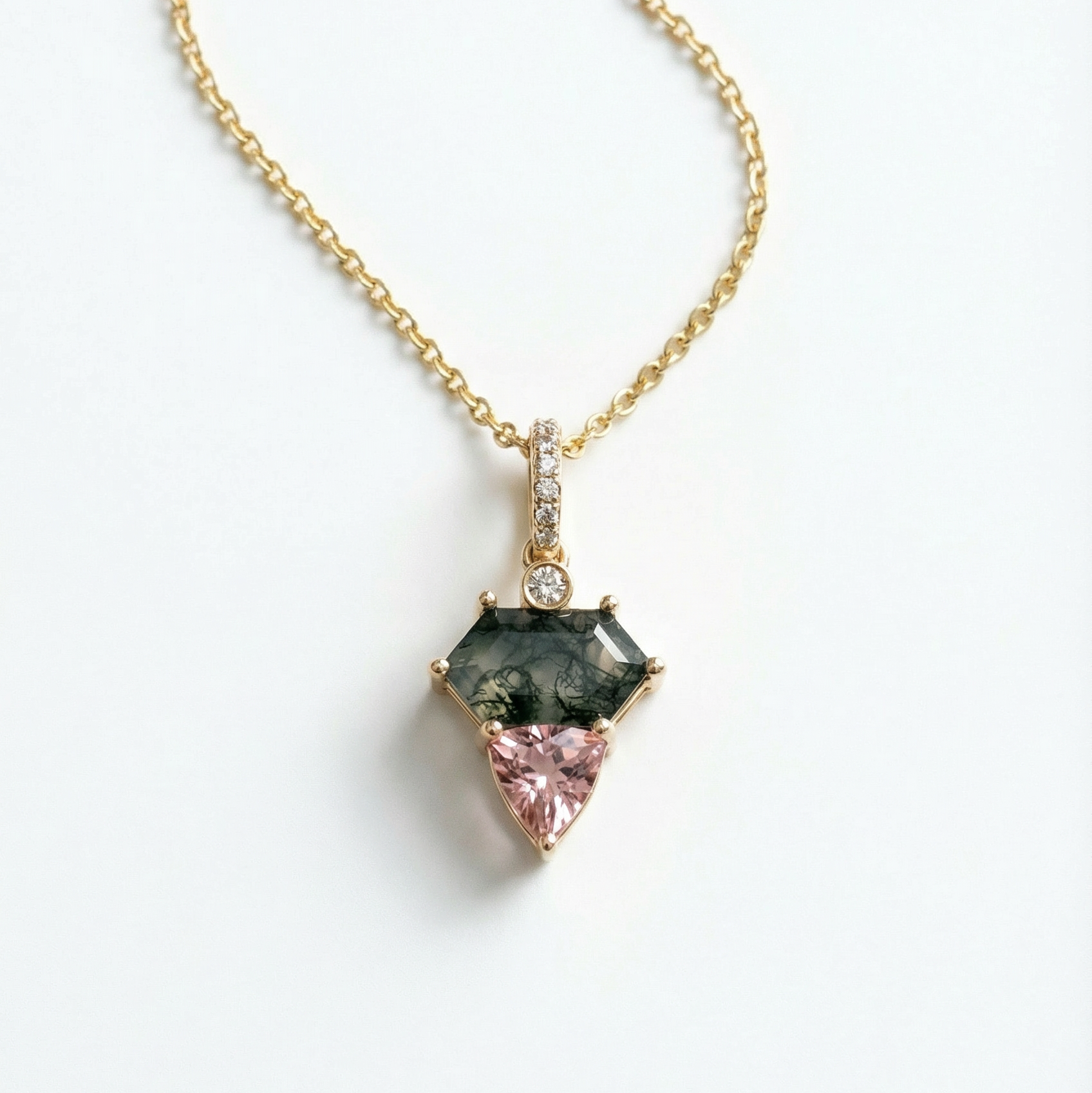 Moss Agate and Morganite Necklace with Diamond Accents | 14K Yellow Gold | 18" Chain