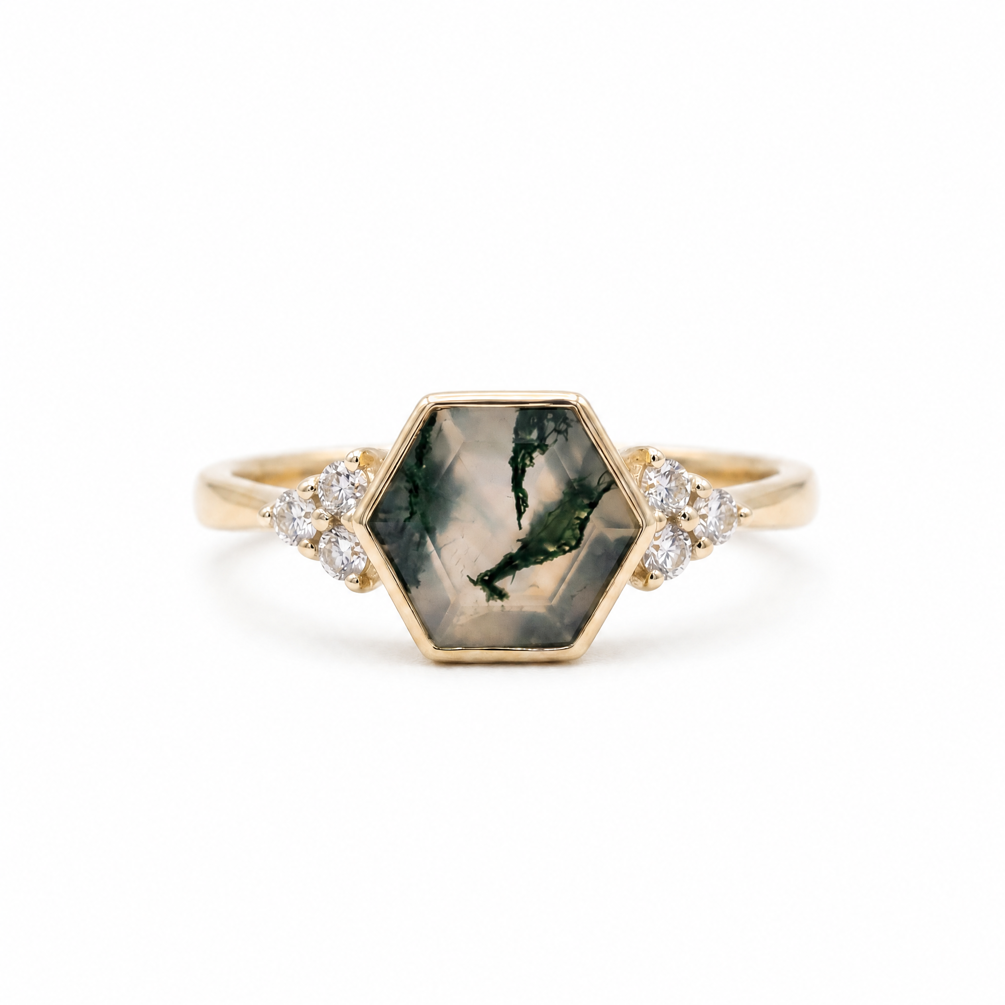Hexagon Moss Agate Ring | 14K Yellow Gold