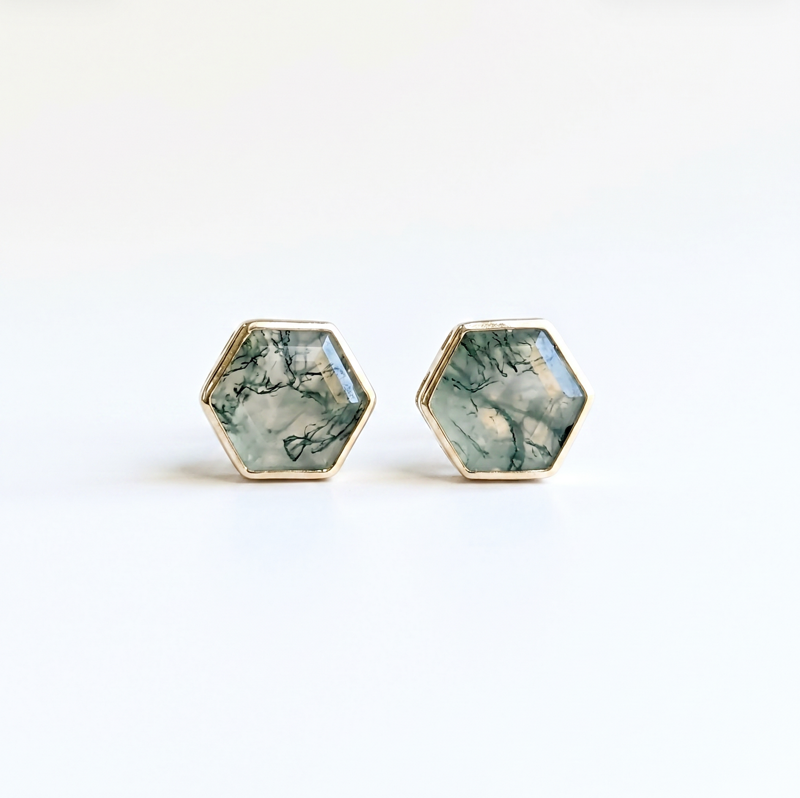 Hexagon Moss Agate Studs | 14K Yellow Gold