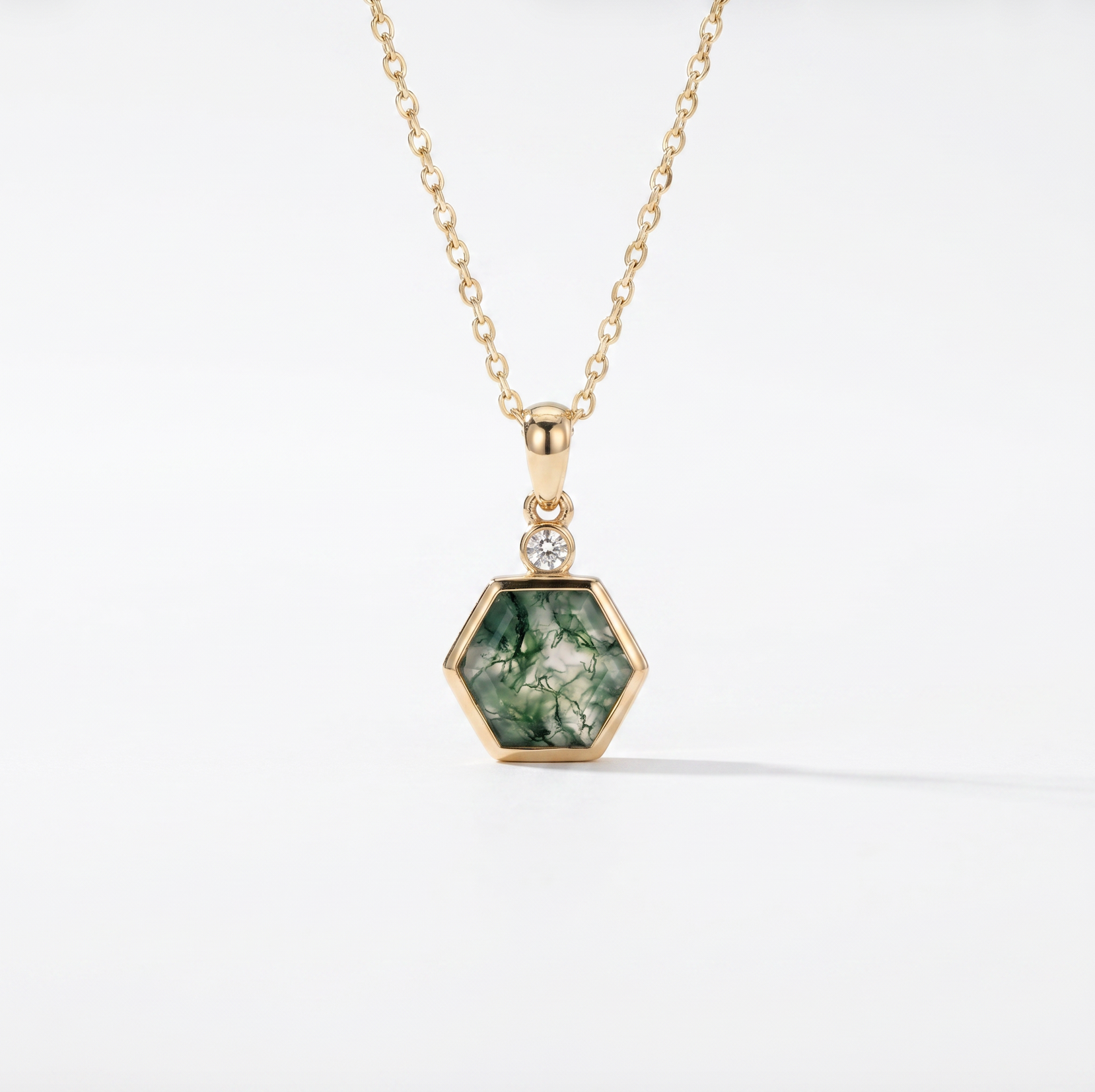 Hexagon Moss Agate Necklace | 14K Yellow Gold