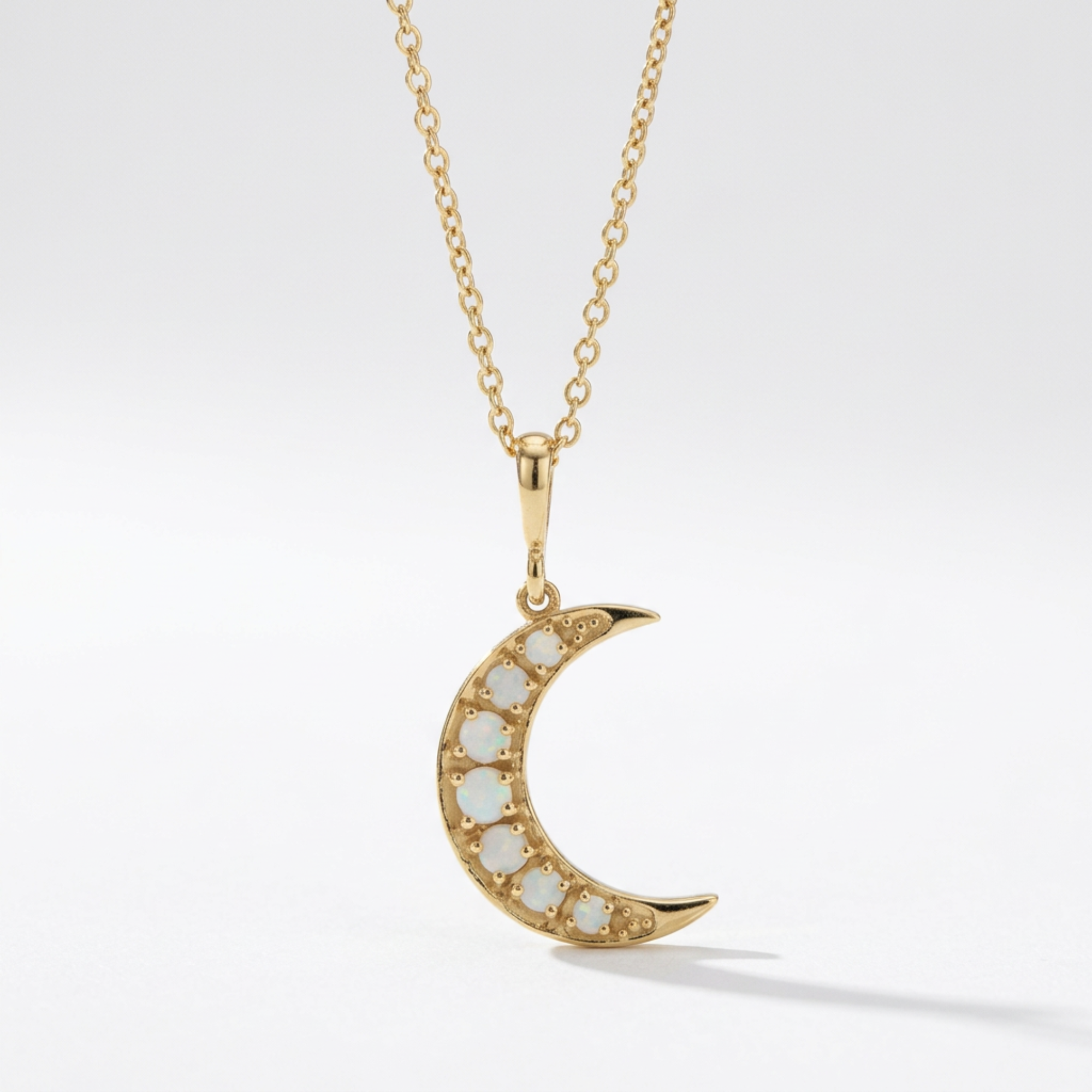 The Crescent Moon Necklace | Natural White Opal | 14K Yellow Gold